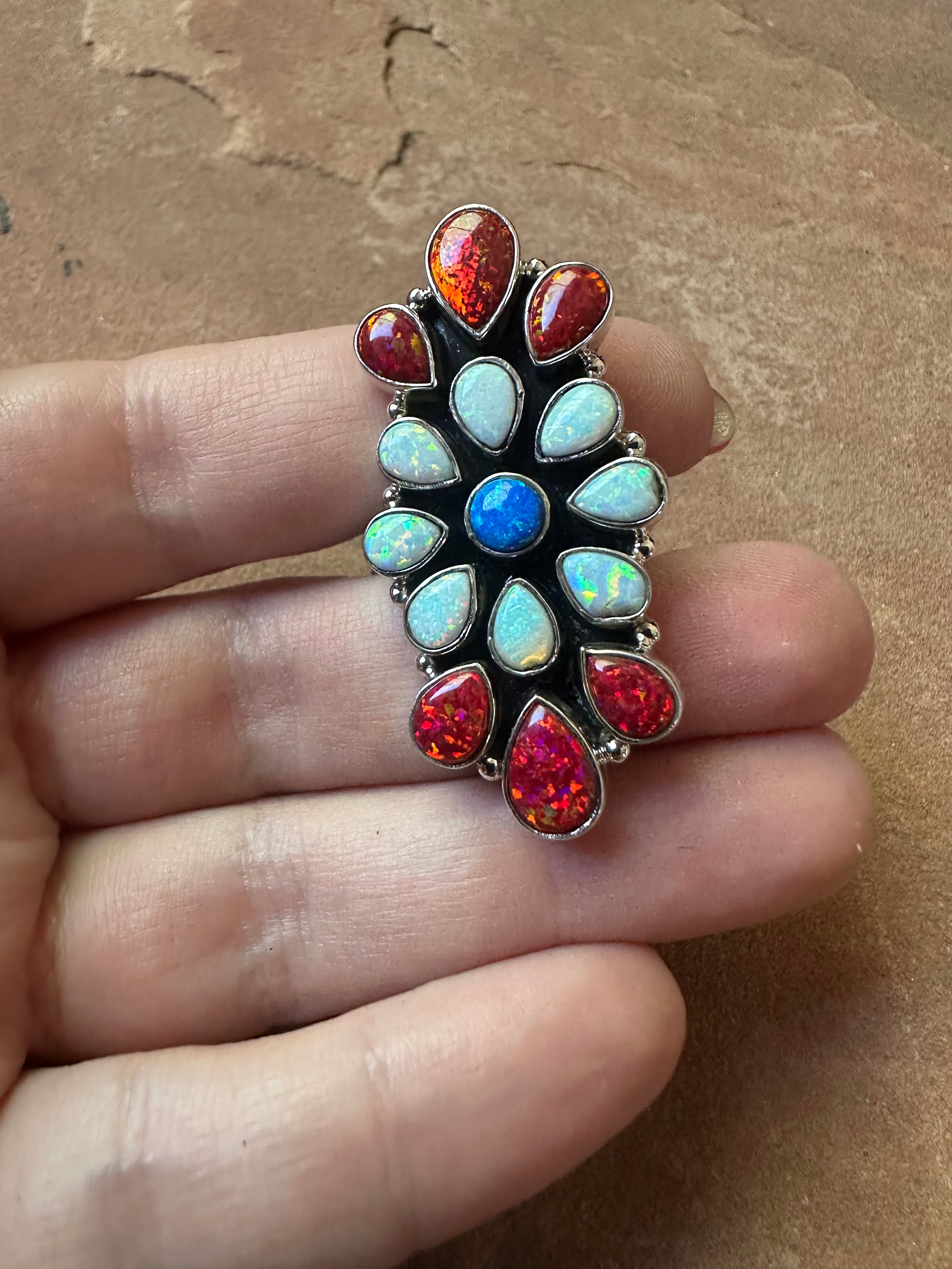 4TH OF JULY COLLECTION Handmade Red, White & Blue Fire Opal & Sterling Silver Adjustable Ring Signed Nizhoni