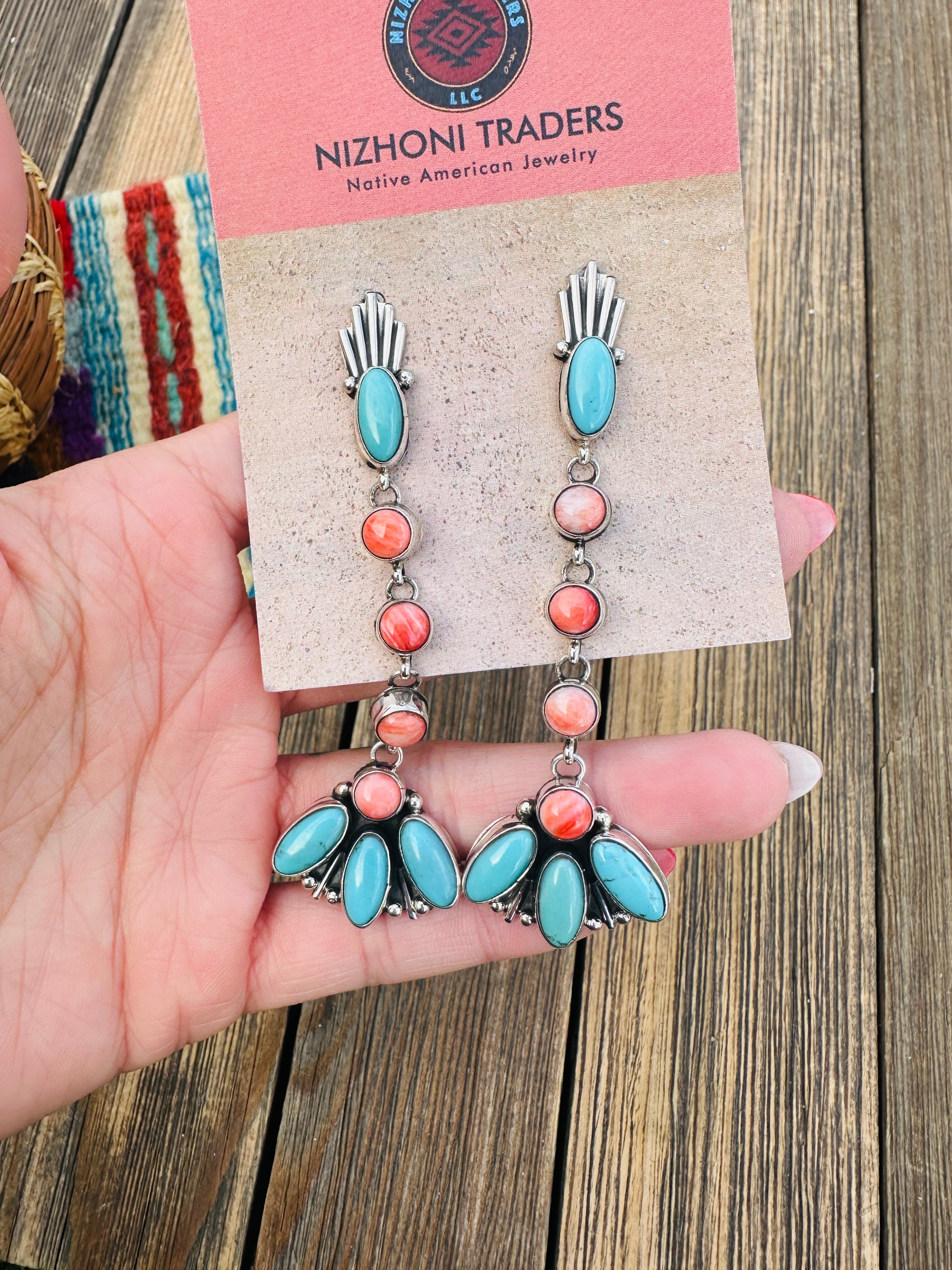 Handcrafted Turquoise, Spiny Oyster & Sterling Silver Concho Dangle Earrings