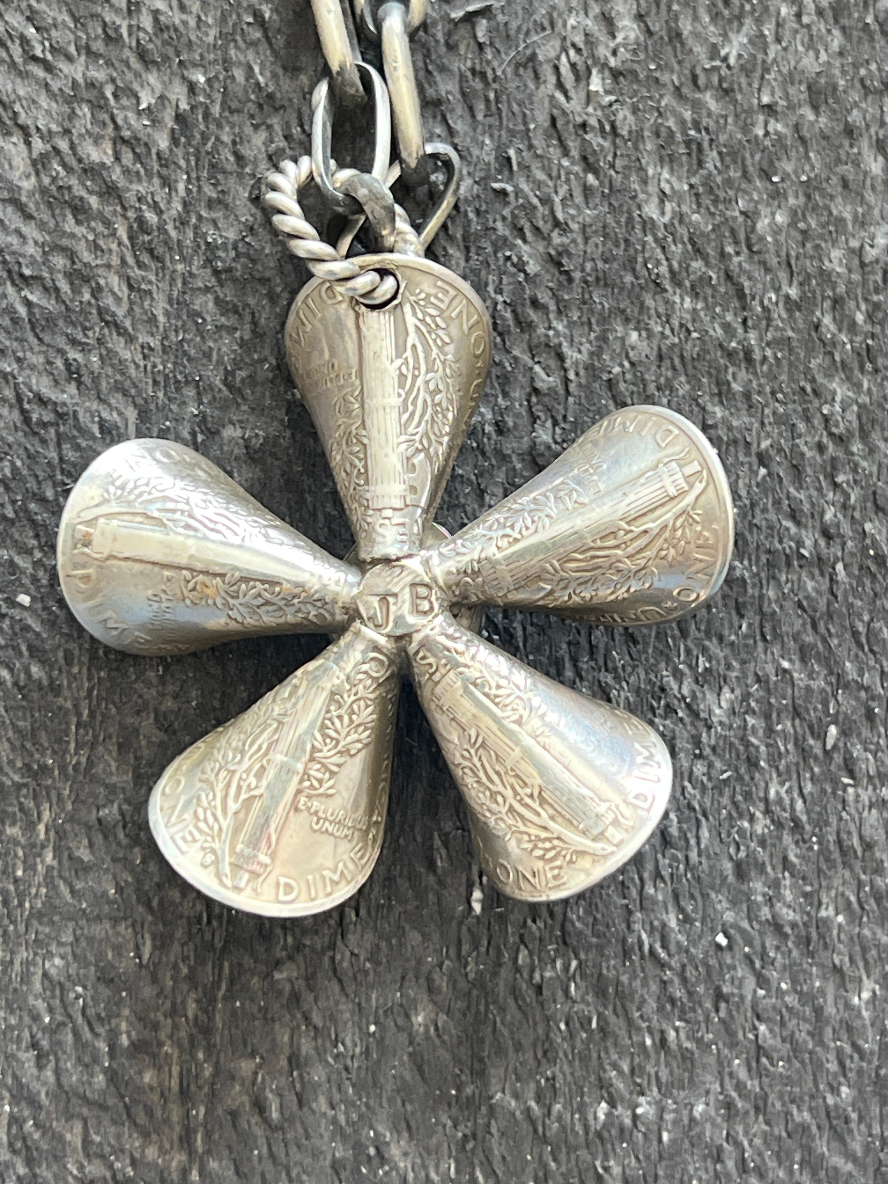 Handcrafted Sterling and Coin Silver Mercury Dime Flower Pendant with Turquoise on Handmade Chain by James Begay