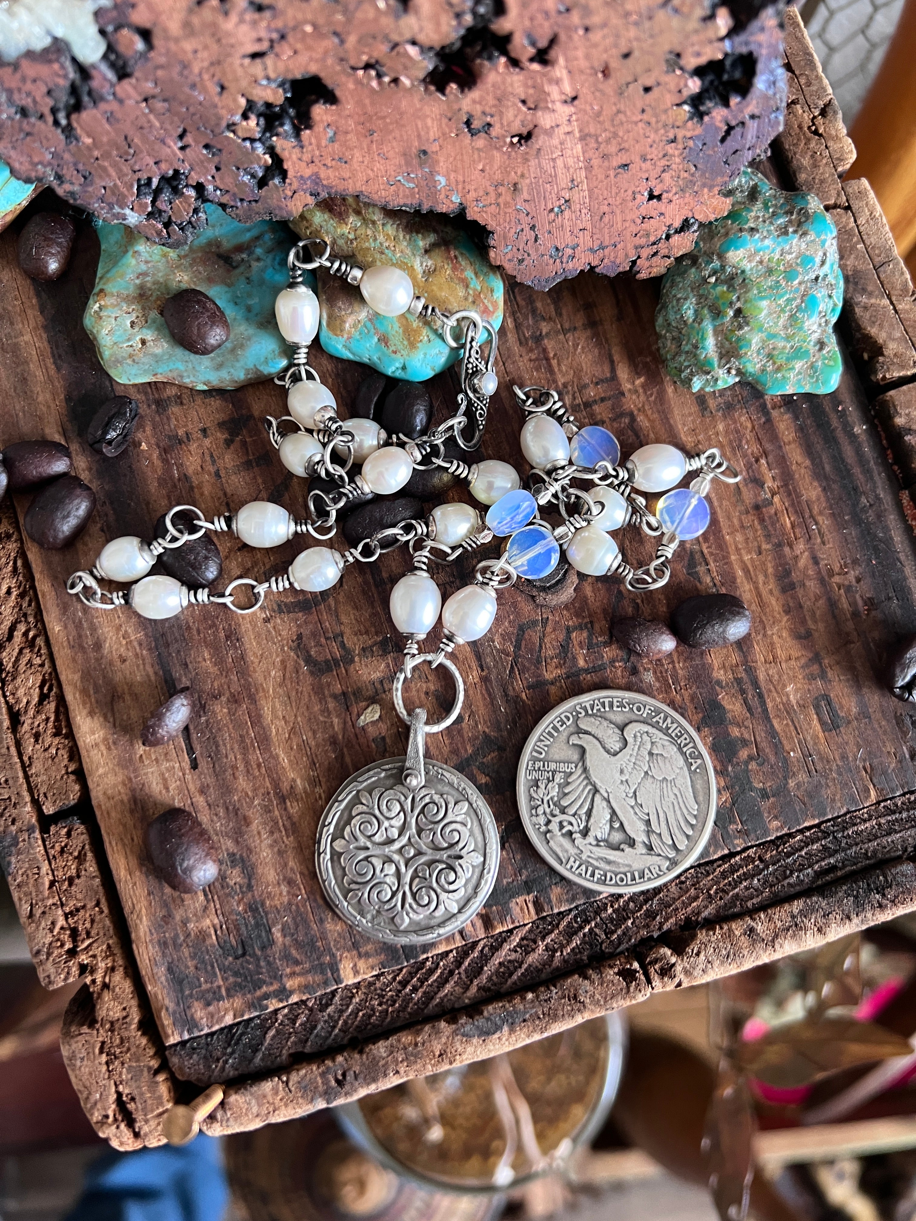 Tularosa Rosary Style Sterling Silver and Freshwater Pearl Siren’s Song Relic Coin Beaded Necklace