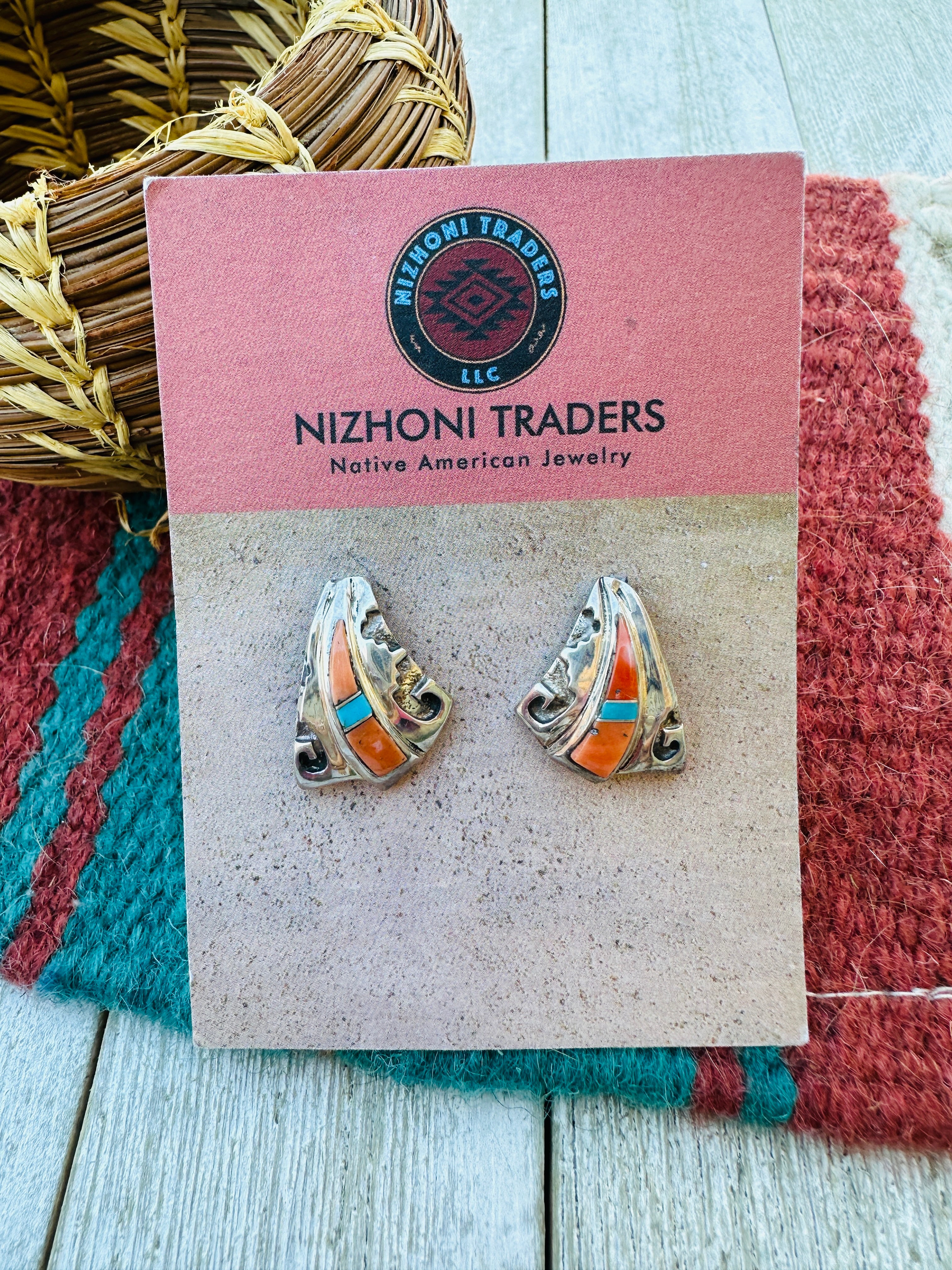 Handcrafted Old Pawn Sterling Silver, Spiny & Turquoise Post Earrings