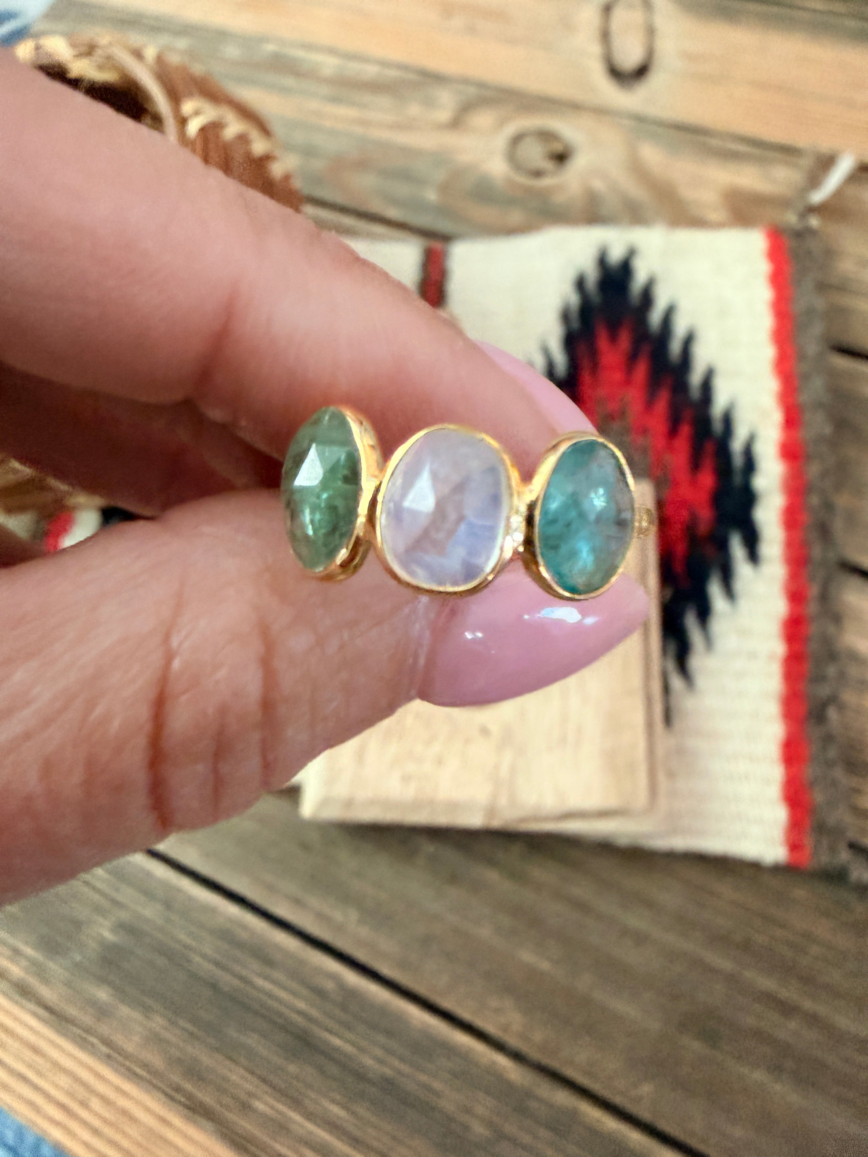 Handmade 18K Gold Vermeil Sterling Silver & Multi Stone Ring Size 6