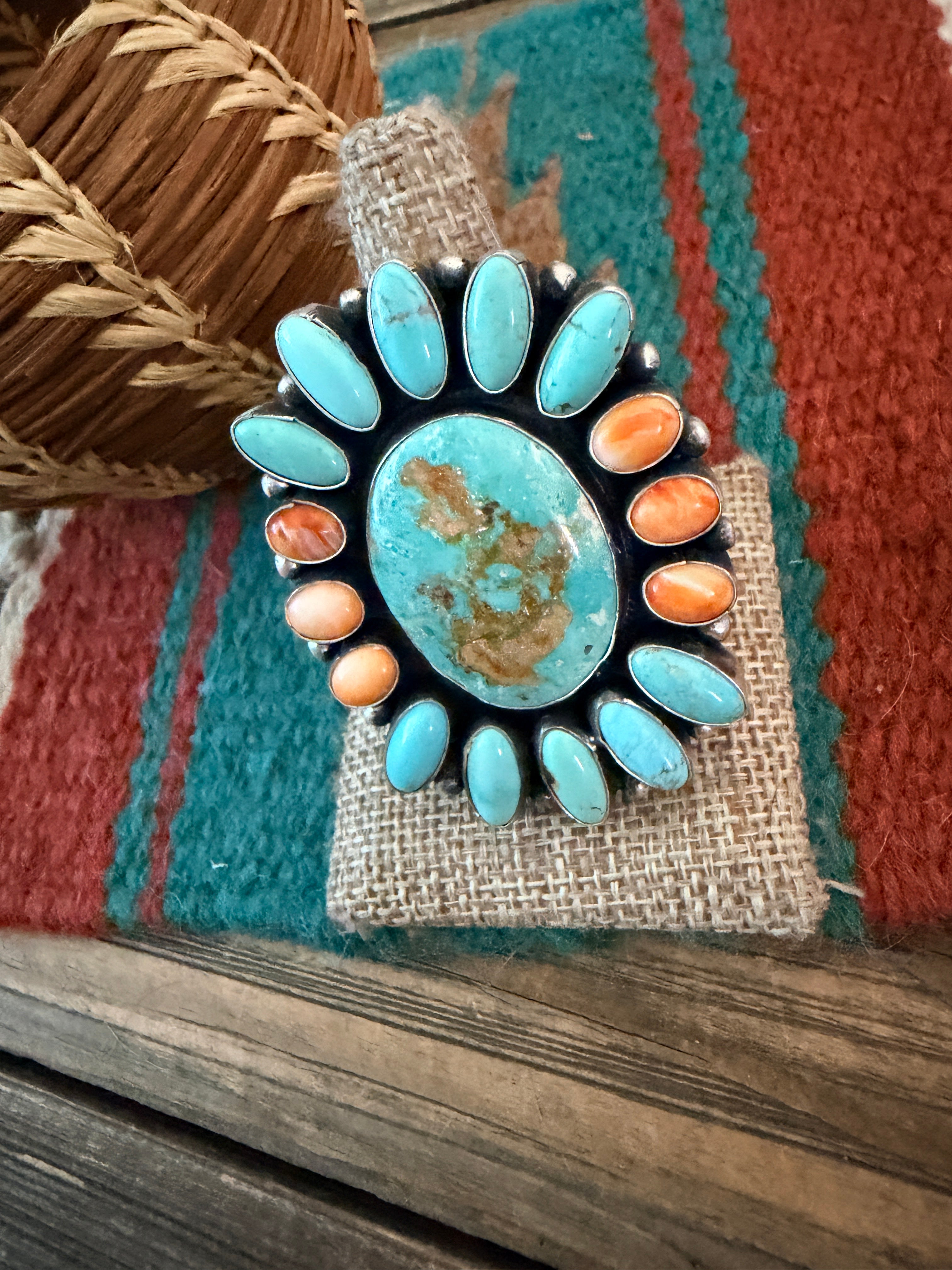 Handcrafted Spiny Oyster, Turquoise & Sterling Silver Cluster Ring by Sheila Becenti Size 10