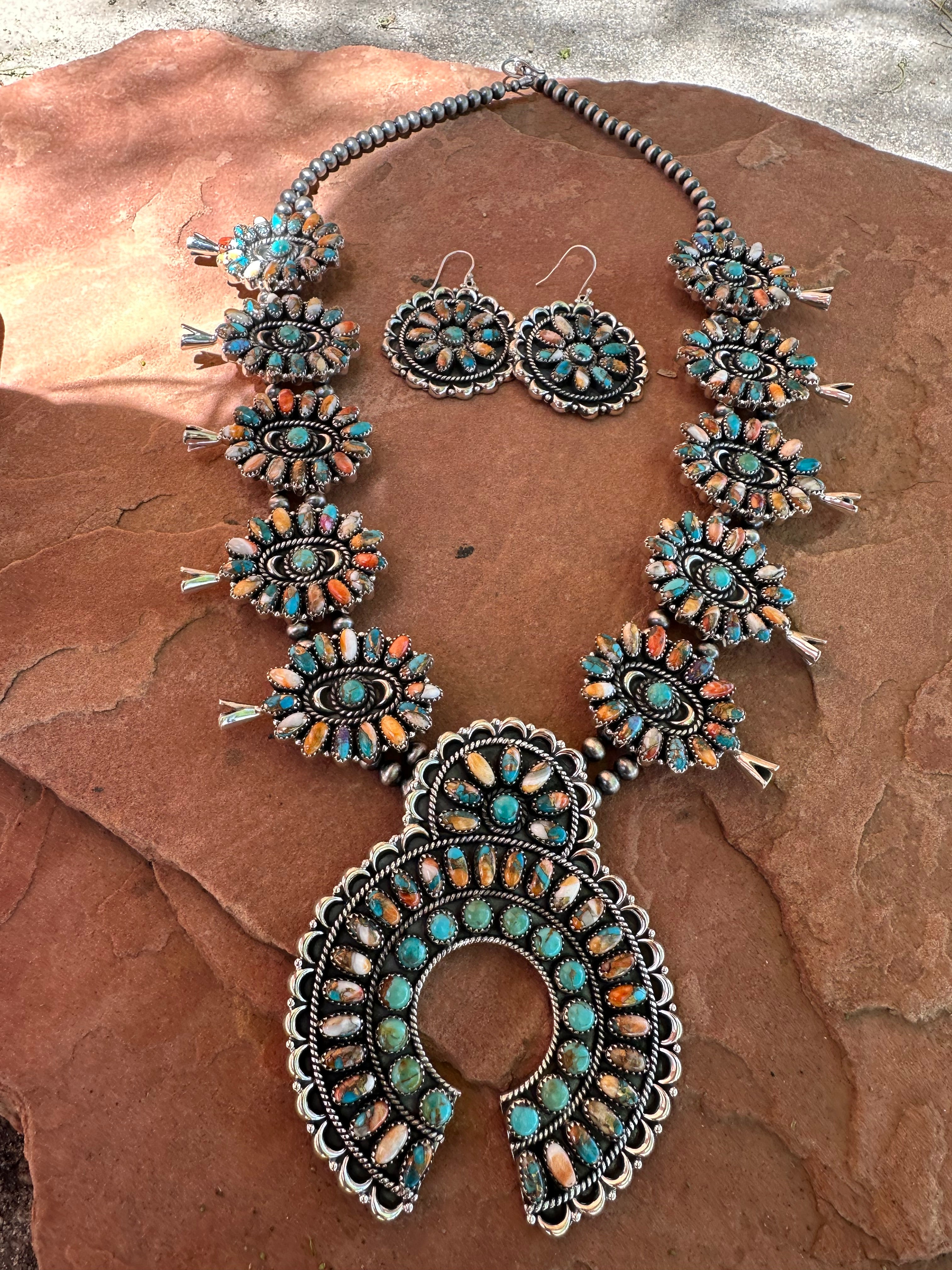 Handmade Sterling Silver, Turquoise & Spice Squash Blossom Necklace Set Signed Nizhoni