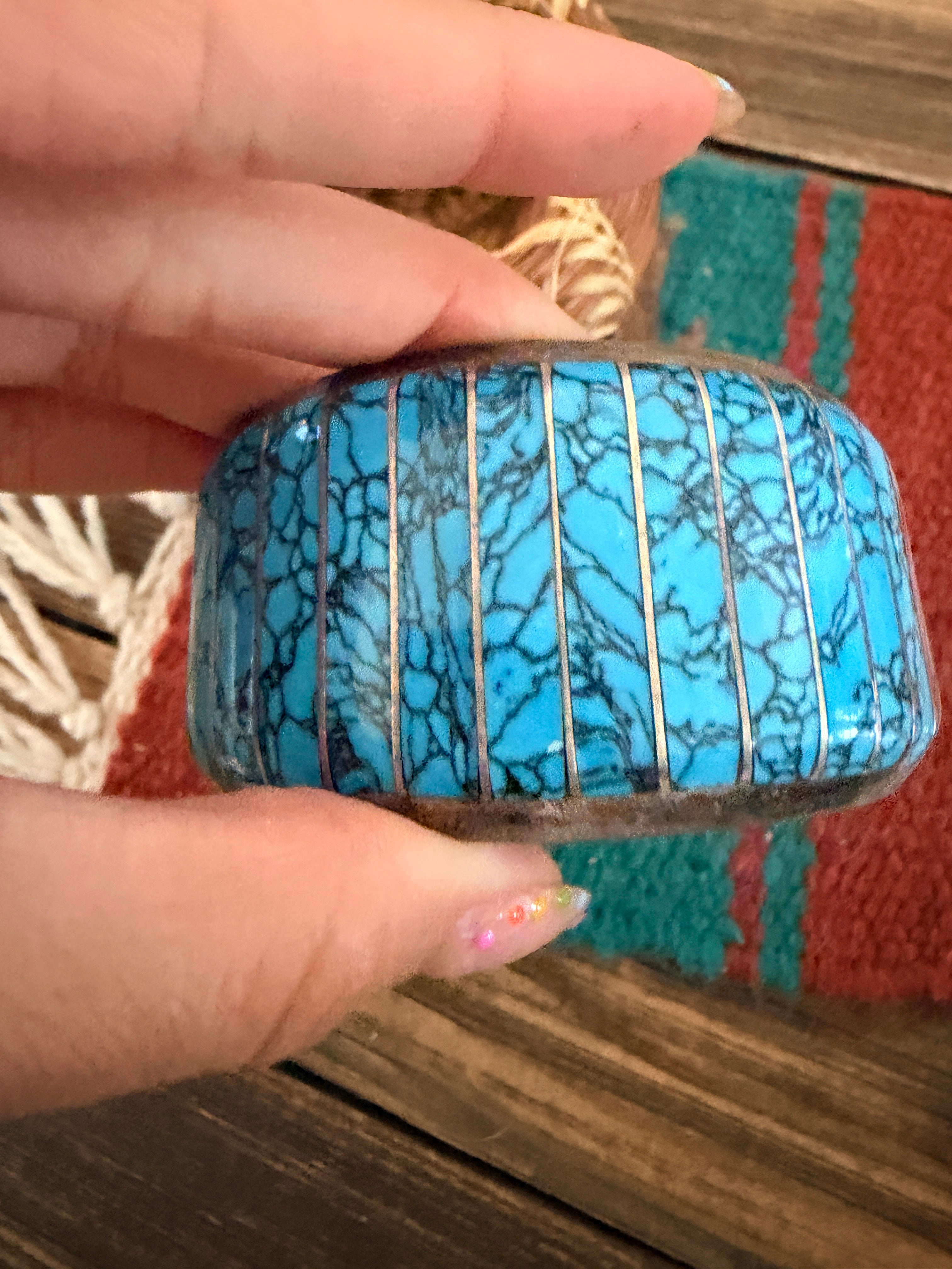 Handcrafted Old Pawn Sterling Silver, Turquoise & Spiny Oyster Inlay Cuff Bracelet