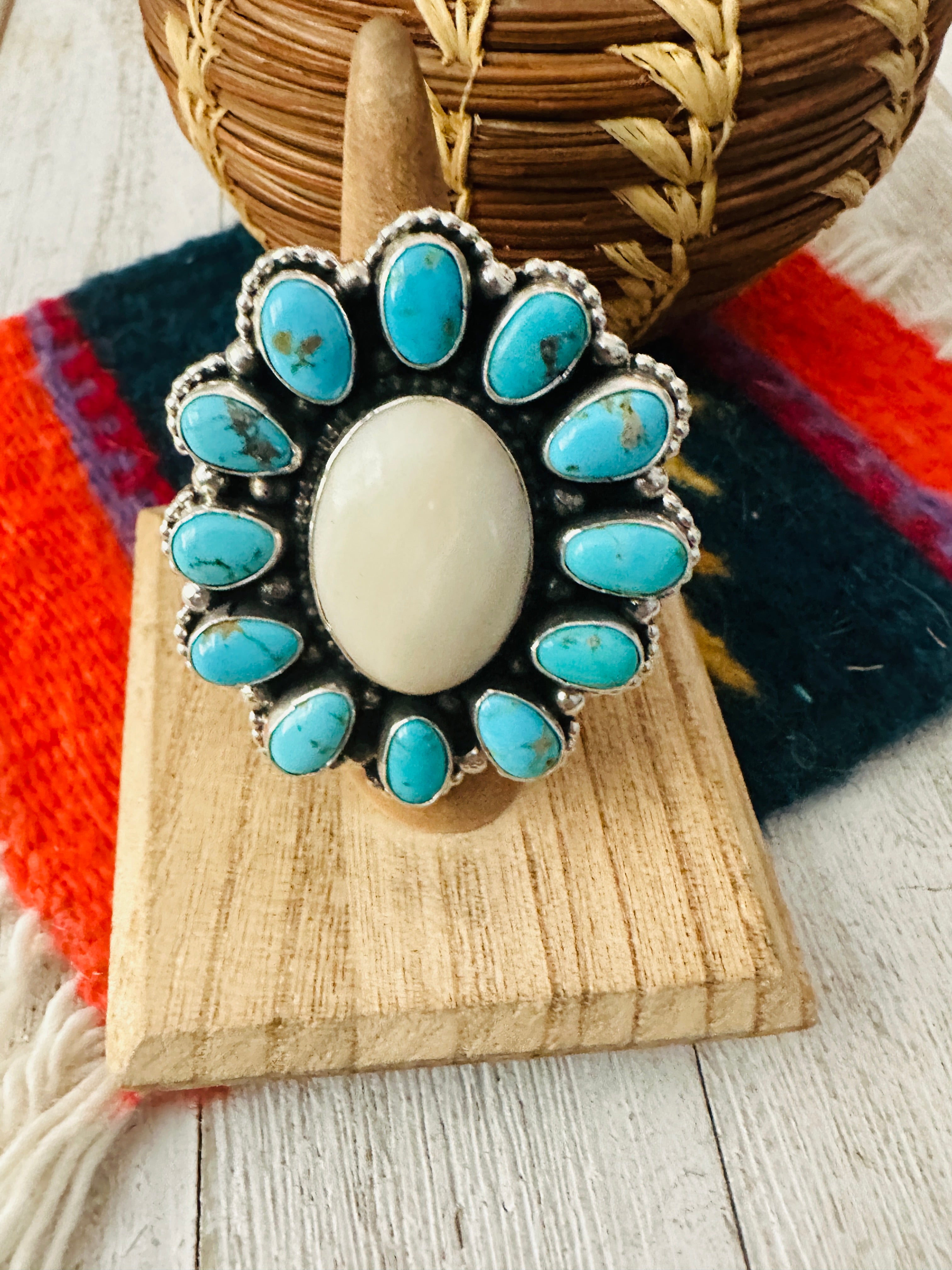 Navajo Sterling Silver, Turquoise & Mother of Pearl Cluster Adjustable Ring