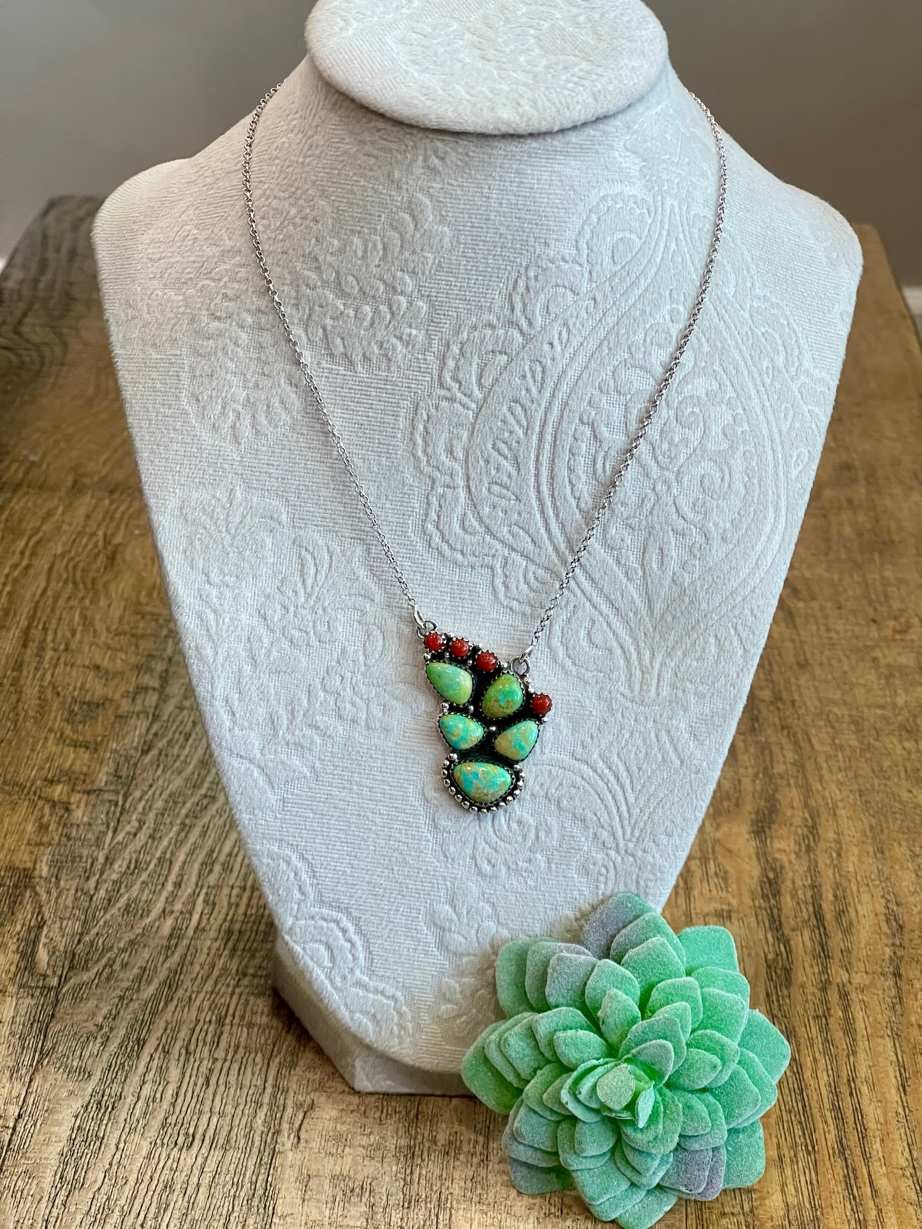 Handmade Sterling Silver, Coral & Turquoise Cactus Necklace