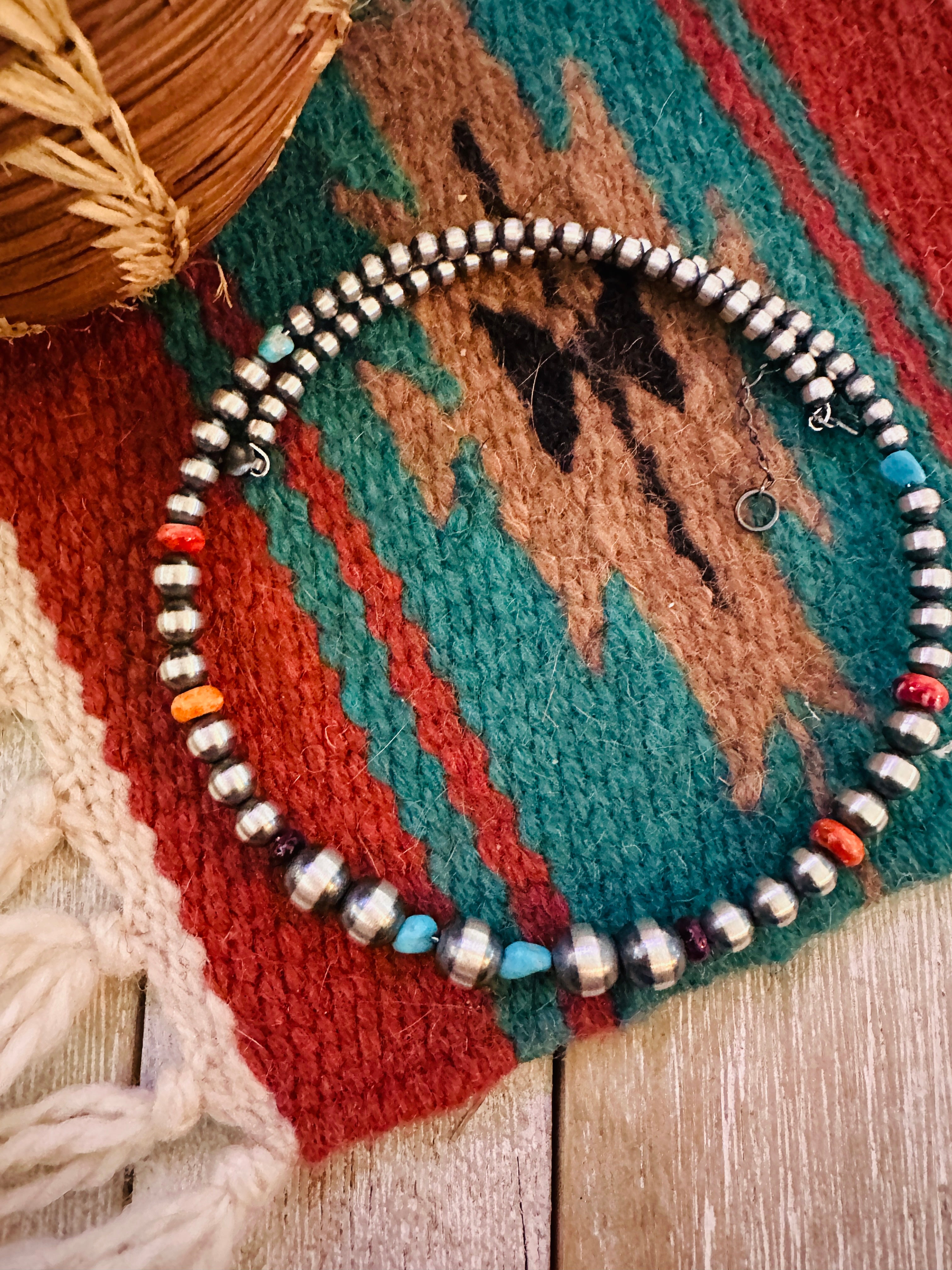 Handcrafted Turquoise, Spiny & Sterling Silver Beaded Wrap Choker Necklace