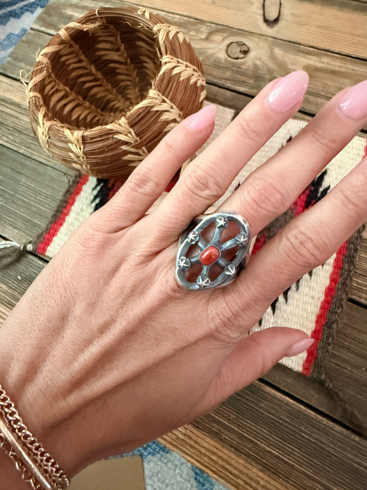 Handcrafted Coral and Sterling Silver Ring size 12 by Chimney Butte