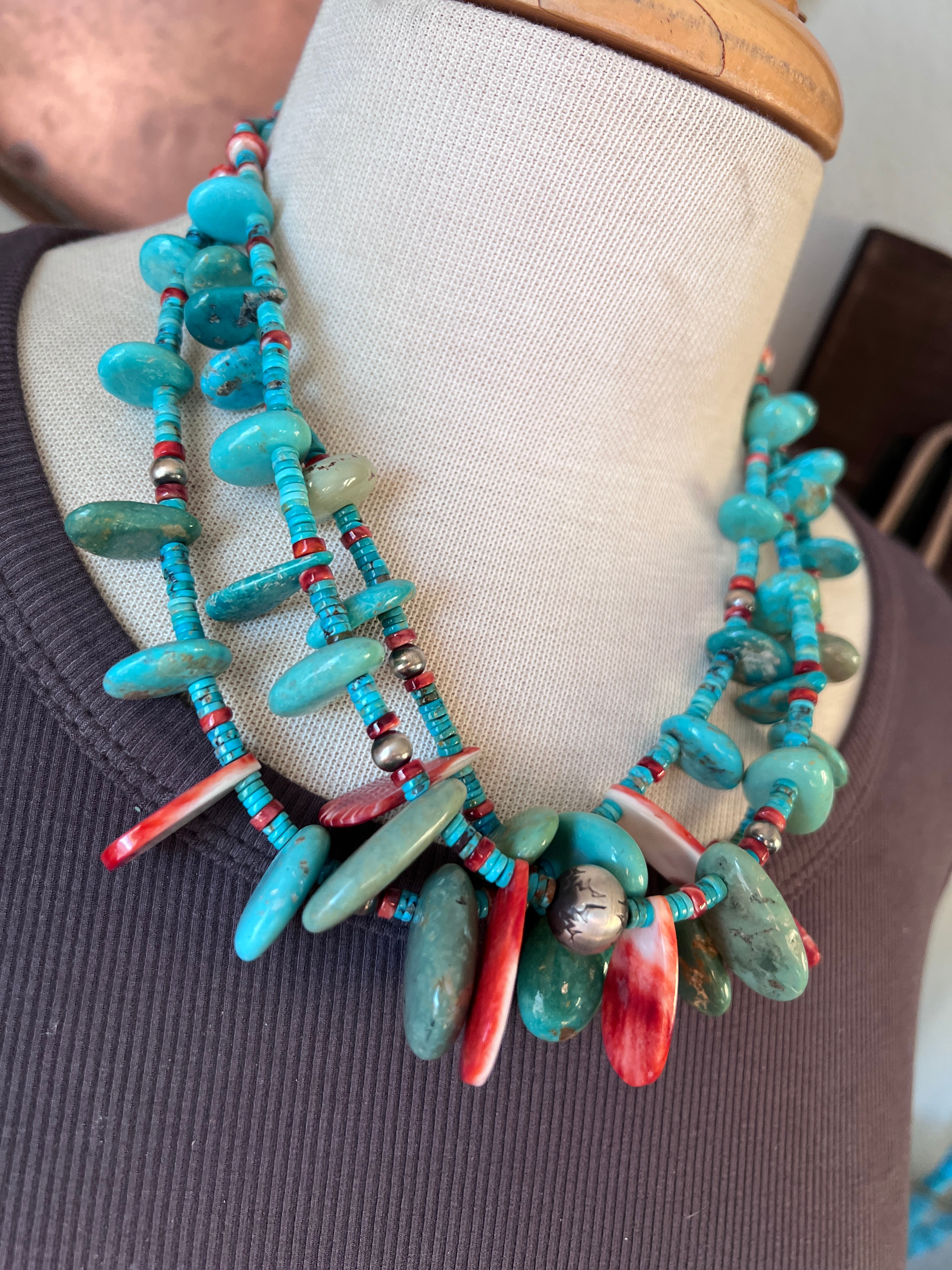 Gorgeous Handcrafted Triple Strand Sterling Silver, Turquoise and Spiny Oyster Beaded Tab Necklace by Daniel Coriz