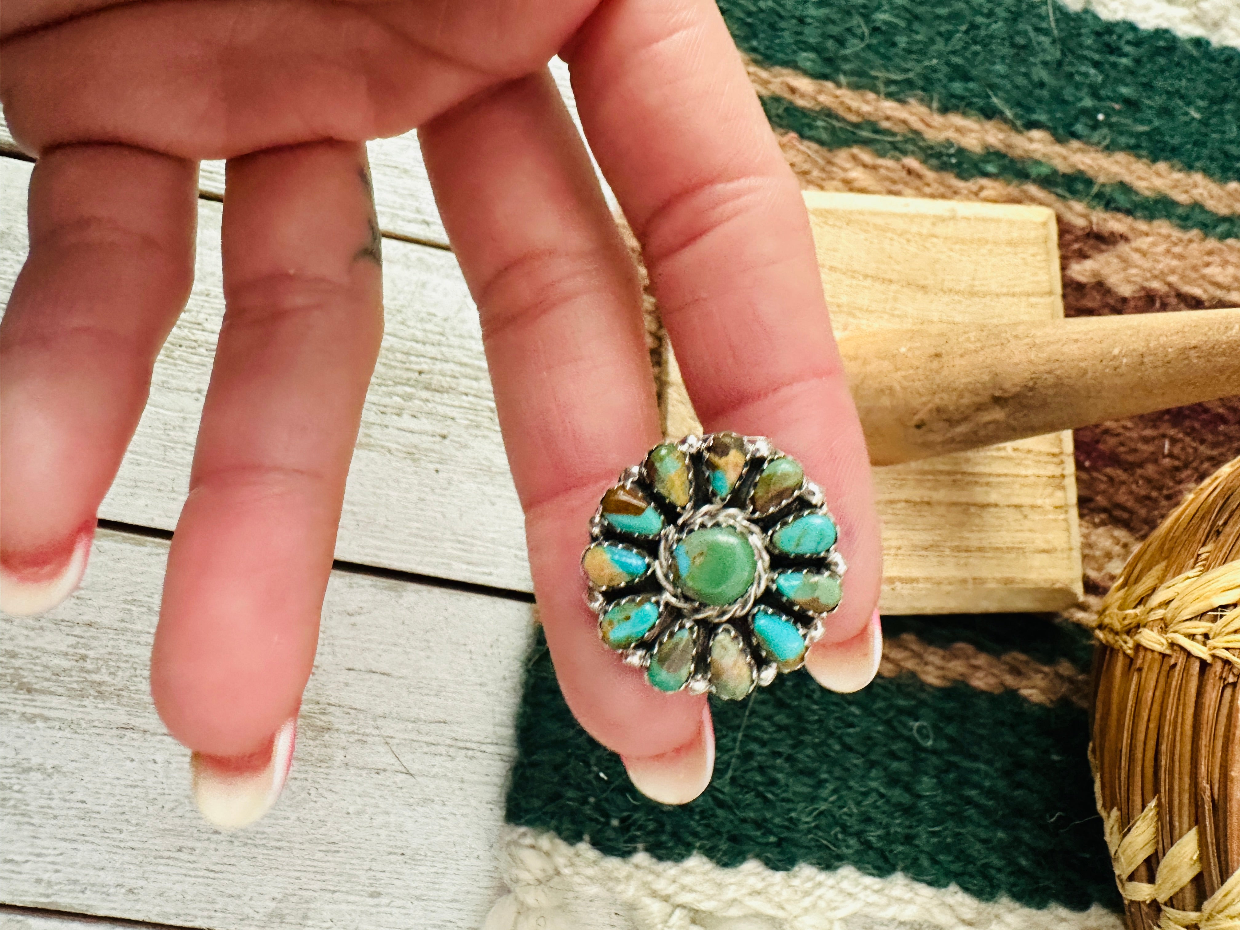 Navajo Royston Turquoise & Sterling Silver Cluster Ring