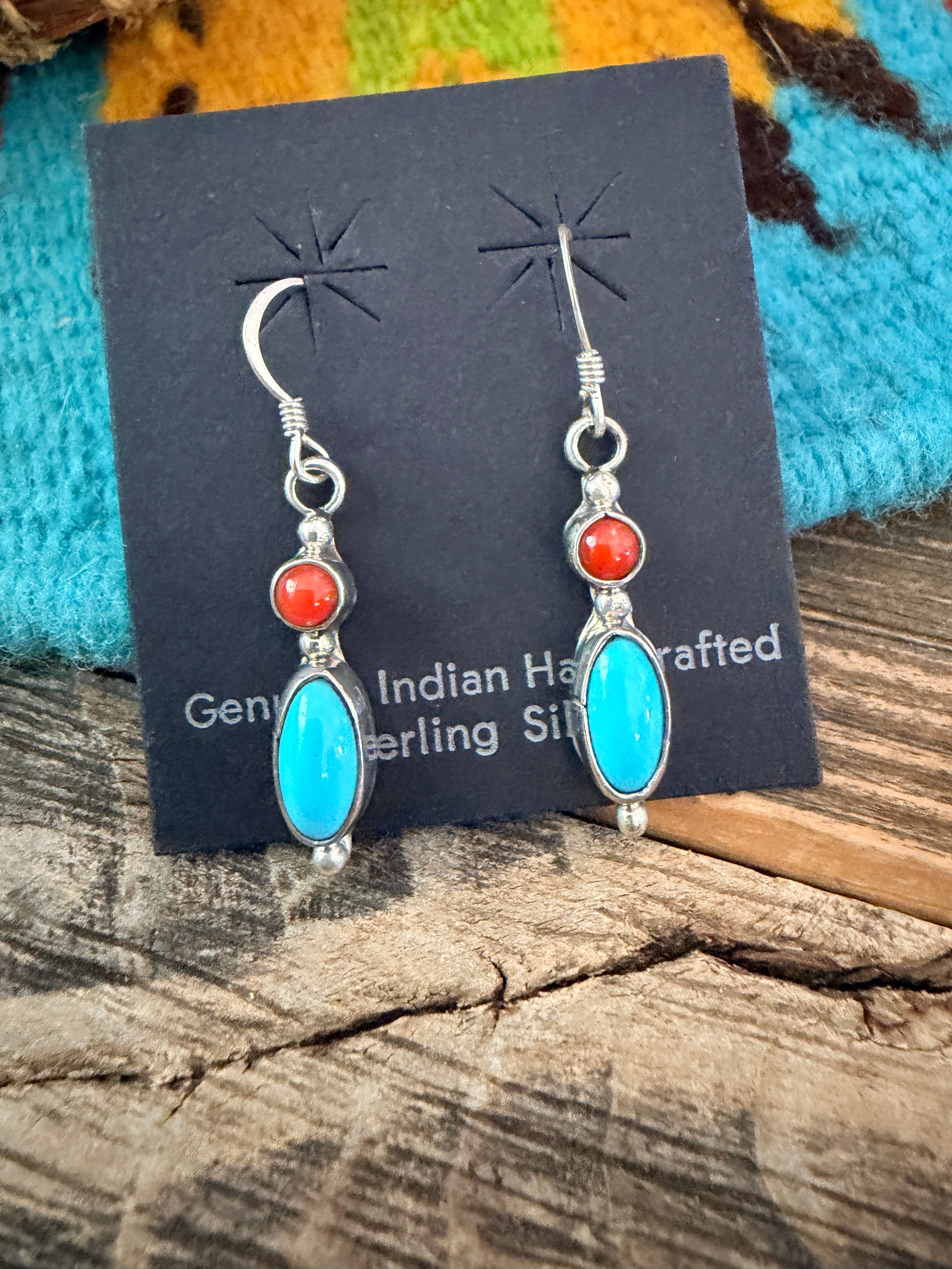 Handcrafted Turquoise, Coral & Sterling Silver Dangle Earrings