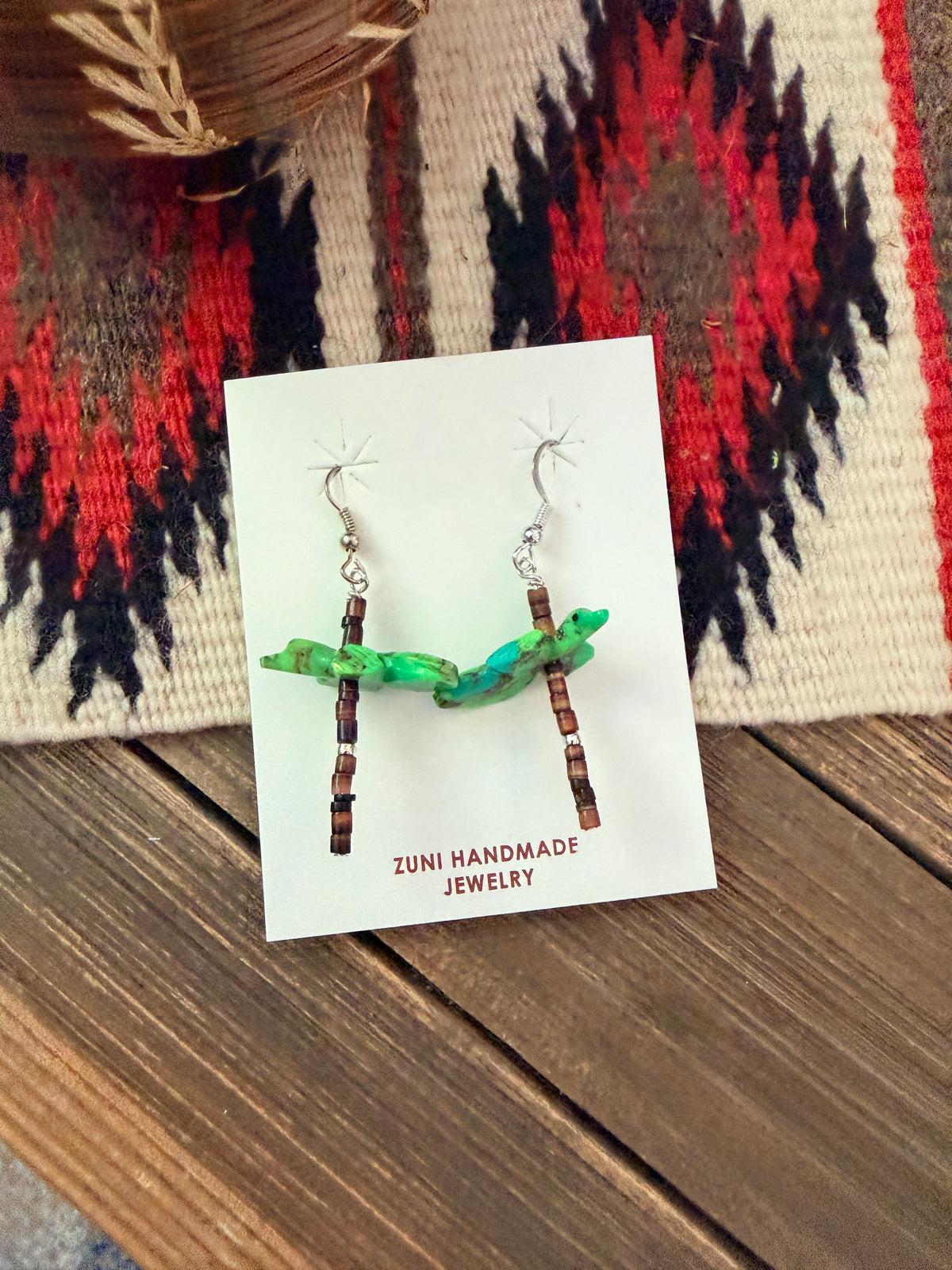 Handcrafted Heishi Shell & Variscite Fetish Bird Dangle Earrings