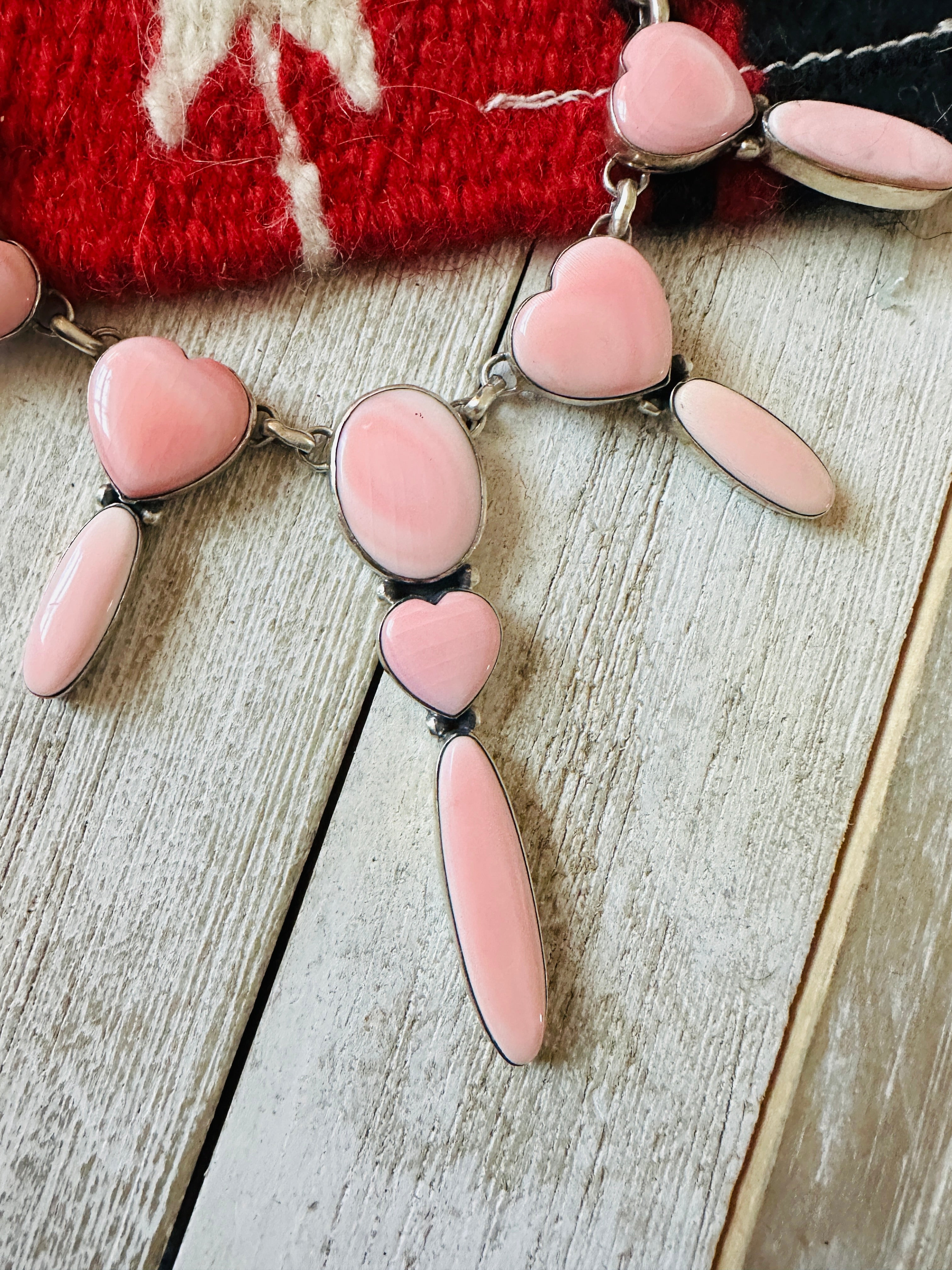 Navajo Queen Pink Conch & Sterling Silver Heart Necklace Set