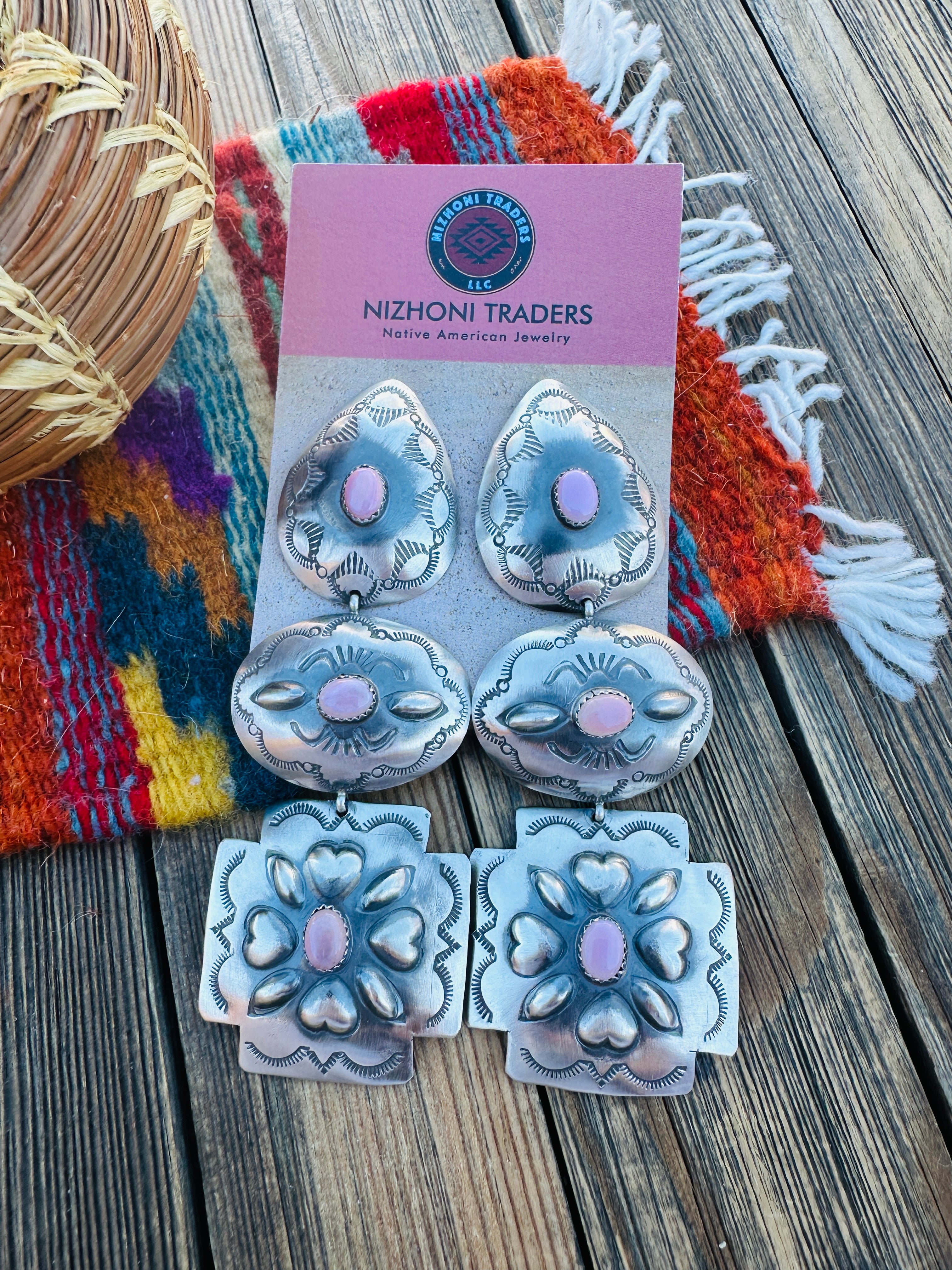 Handcrafted Queen Pink Conch & Sterling Silver Concho Dangle Earrings