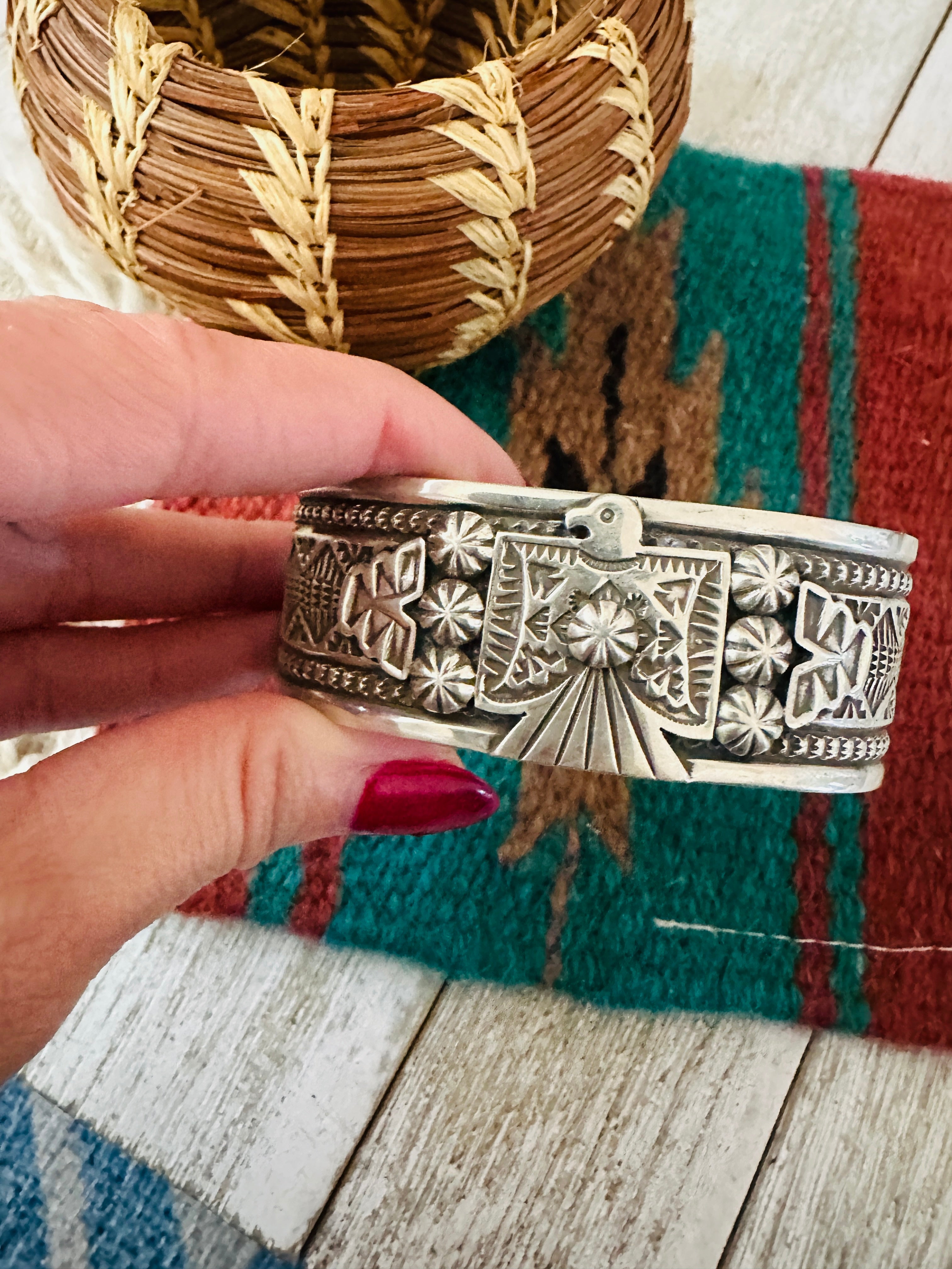 Handcrafted Old Pawn Sterling Silver Thunderbird Cuff Bracelet