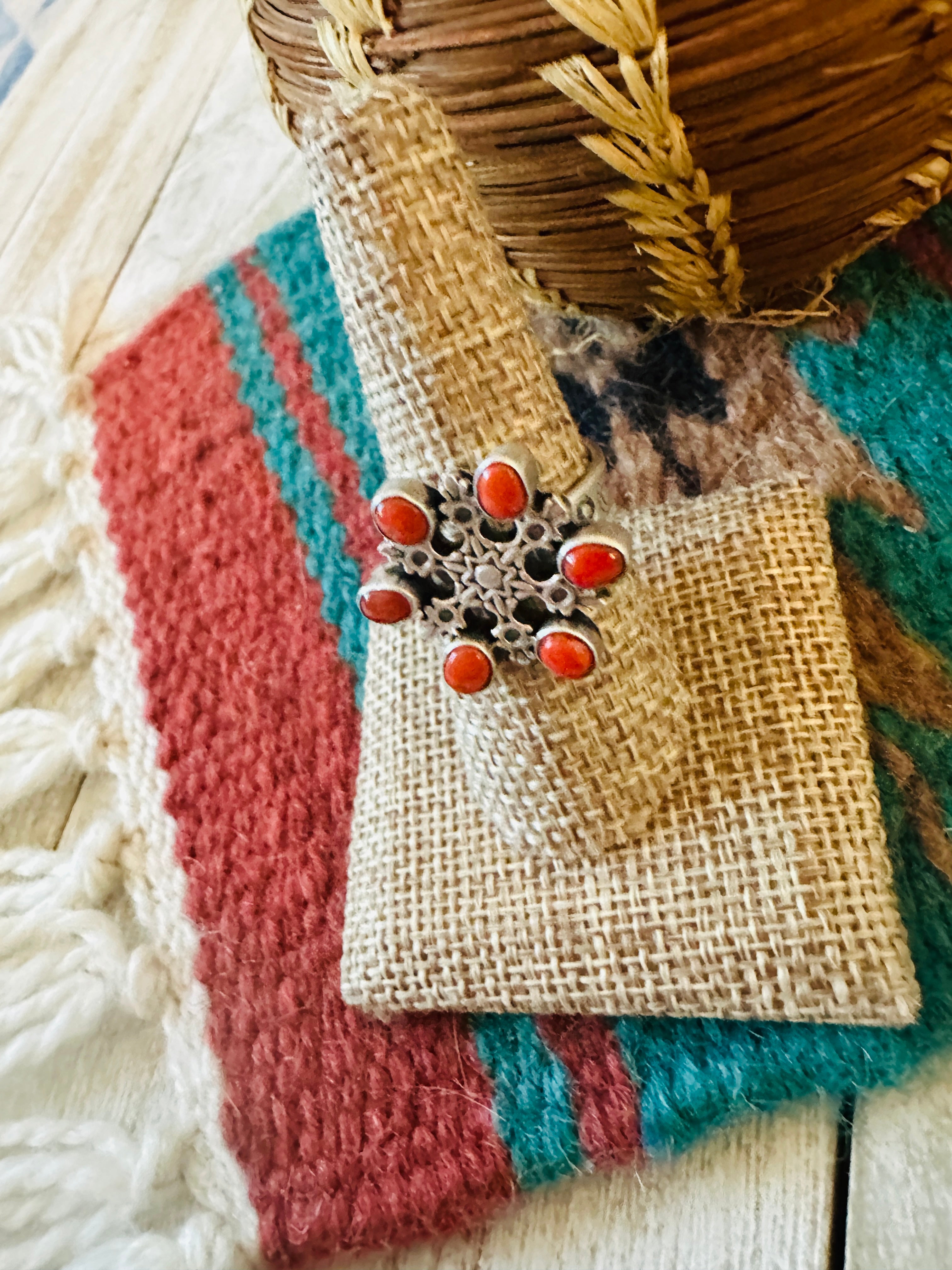 ** Christmas Collection ** Handmade Sterling Silver & Coral Adjustable Snowflake Ring Signed Nizhoni