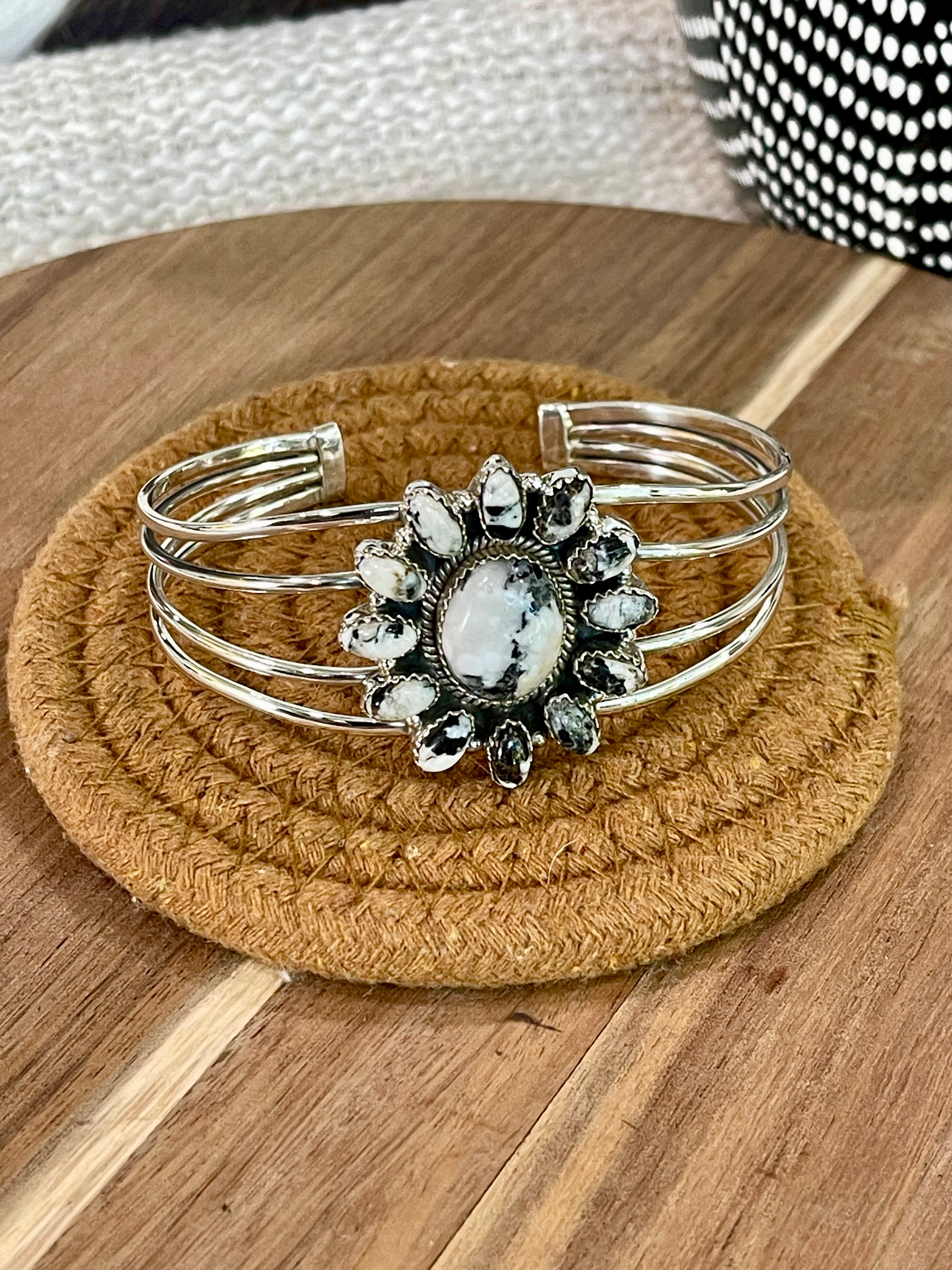 Beautiful Handmade Sterling Silver & White Buffalo Cluster Cuff Bracelet