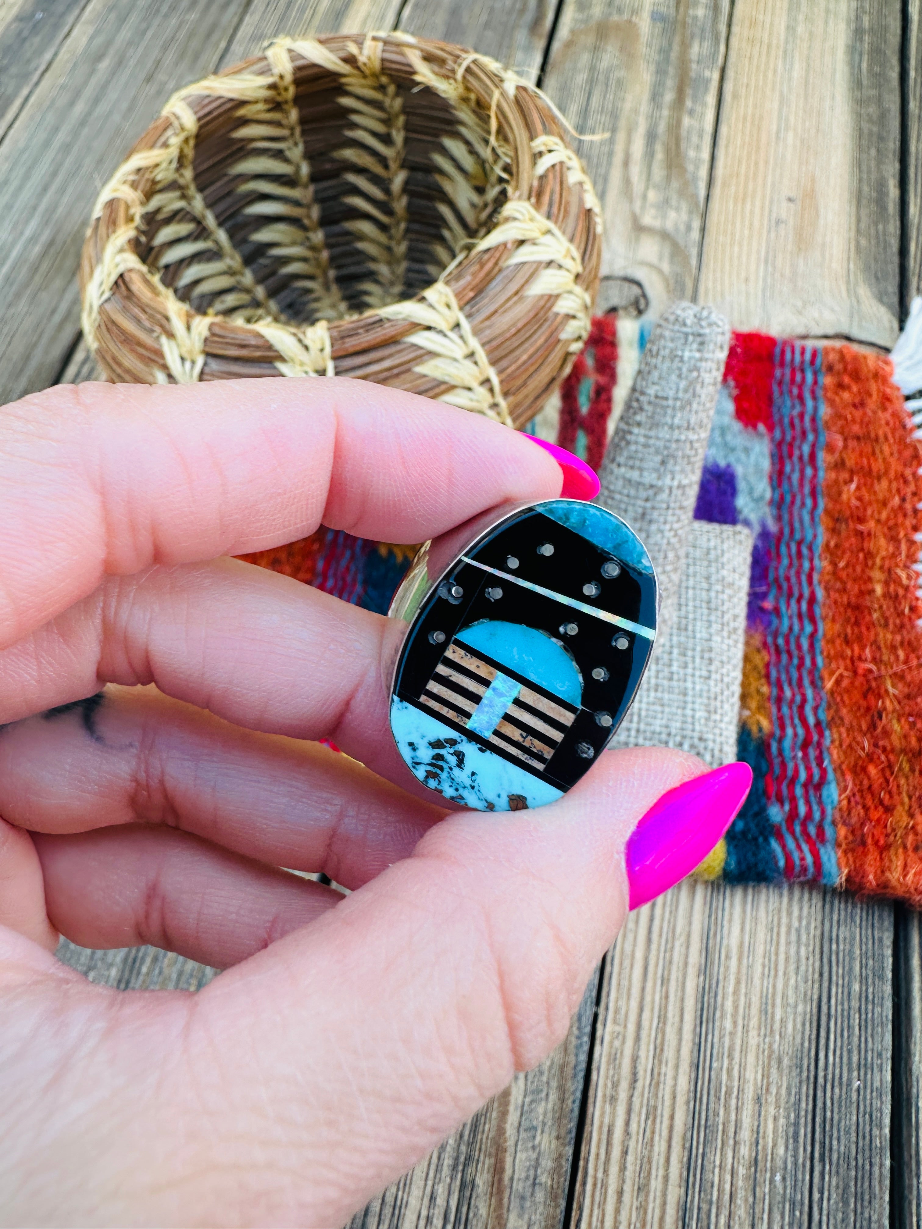 Handcrafted Multi Stone & Sterling Silver Inlay Ring Size 11 by Gilbert Smith