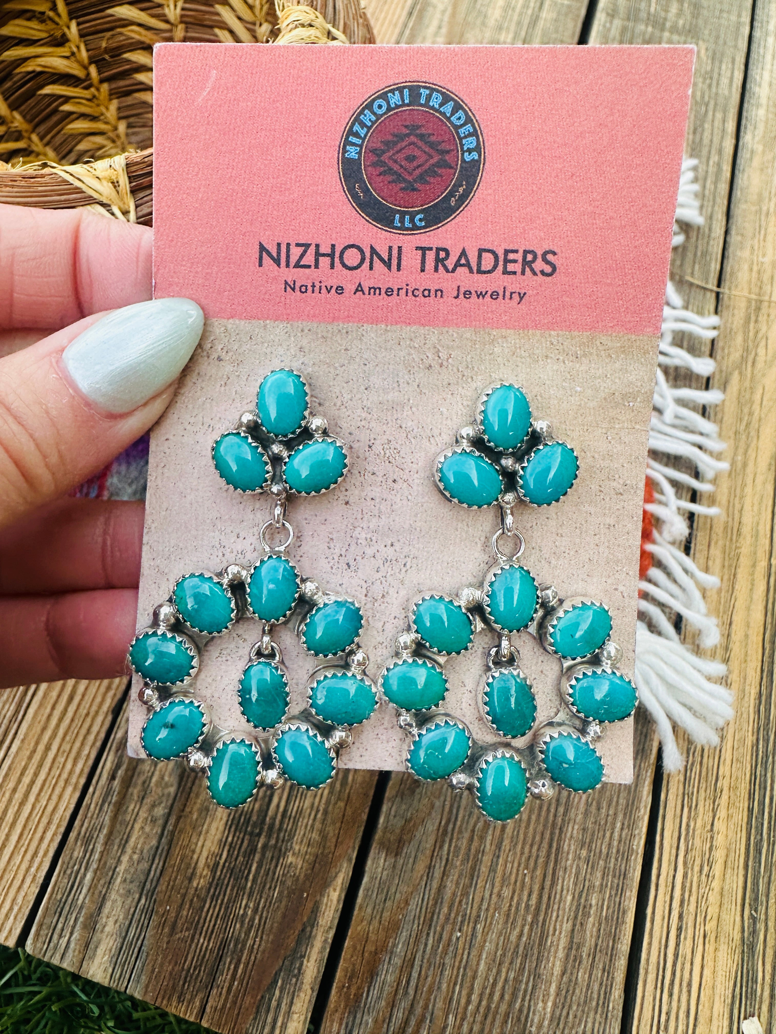 Handcrafted Emerald Valley Turquoise & Sterling Silver Cluster Dangle Earrings
