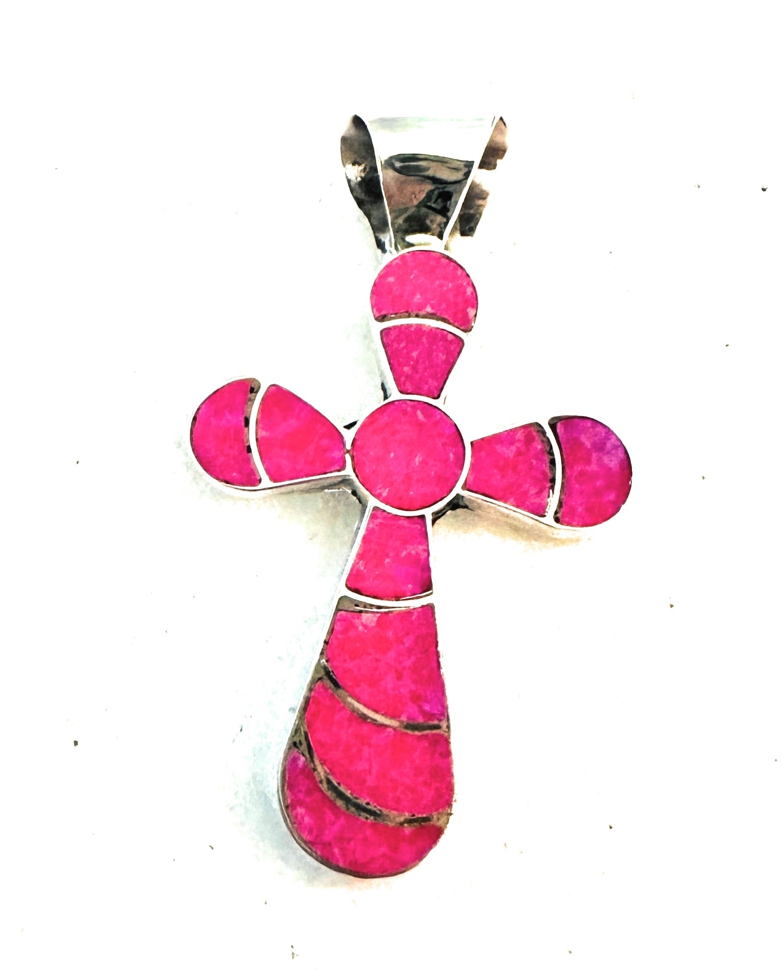 Zuni Sterling Silver & Pink Opal Inlay Cross Pendant Signed