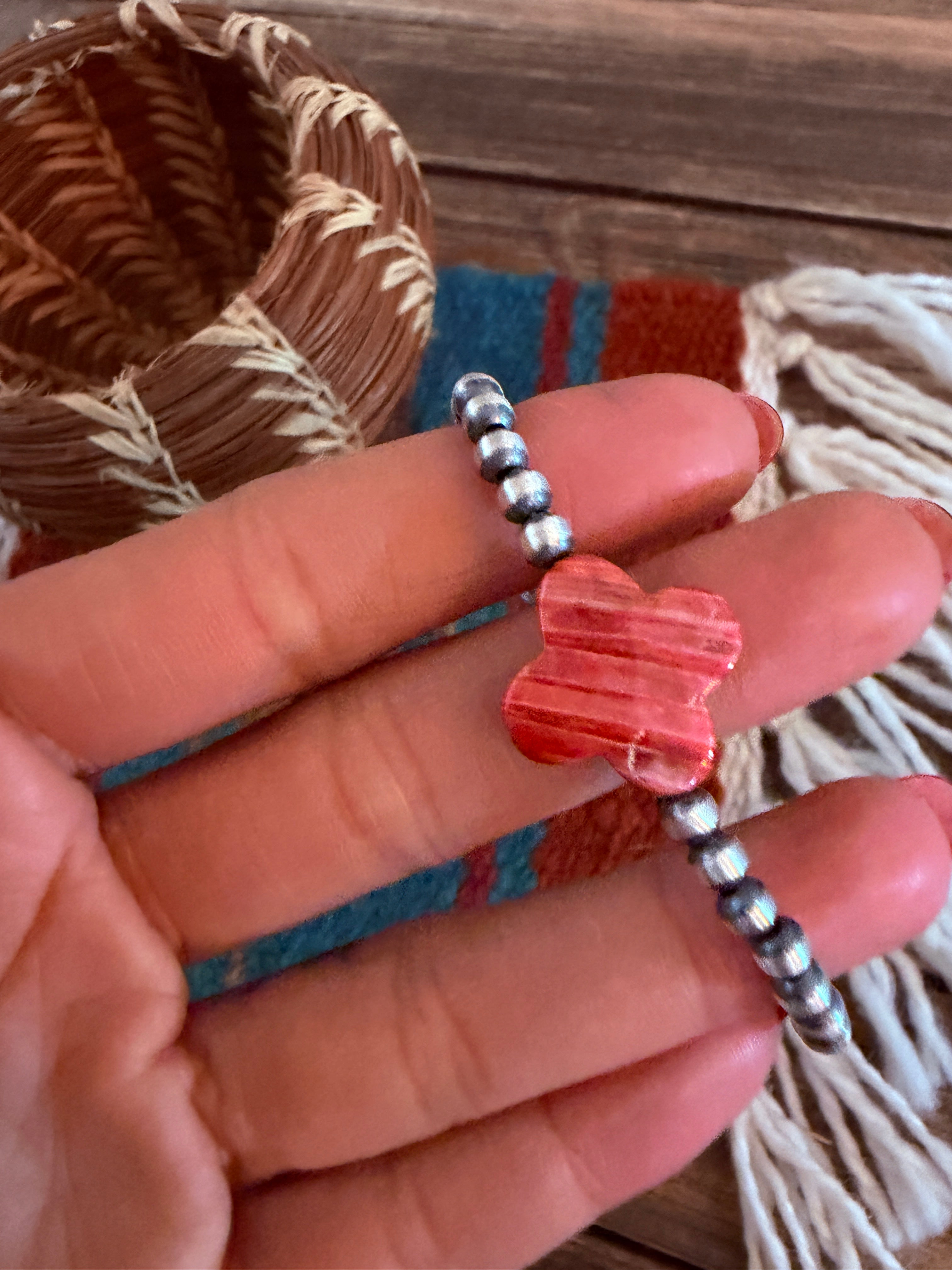 Handcrafted Spiny Oyster & Sterling Silver Pearl Cross Beaded Bracelet