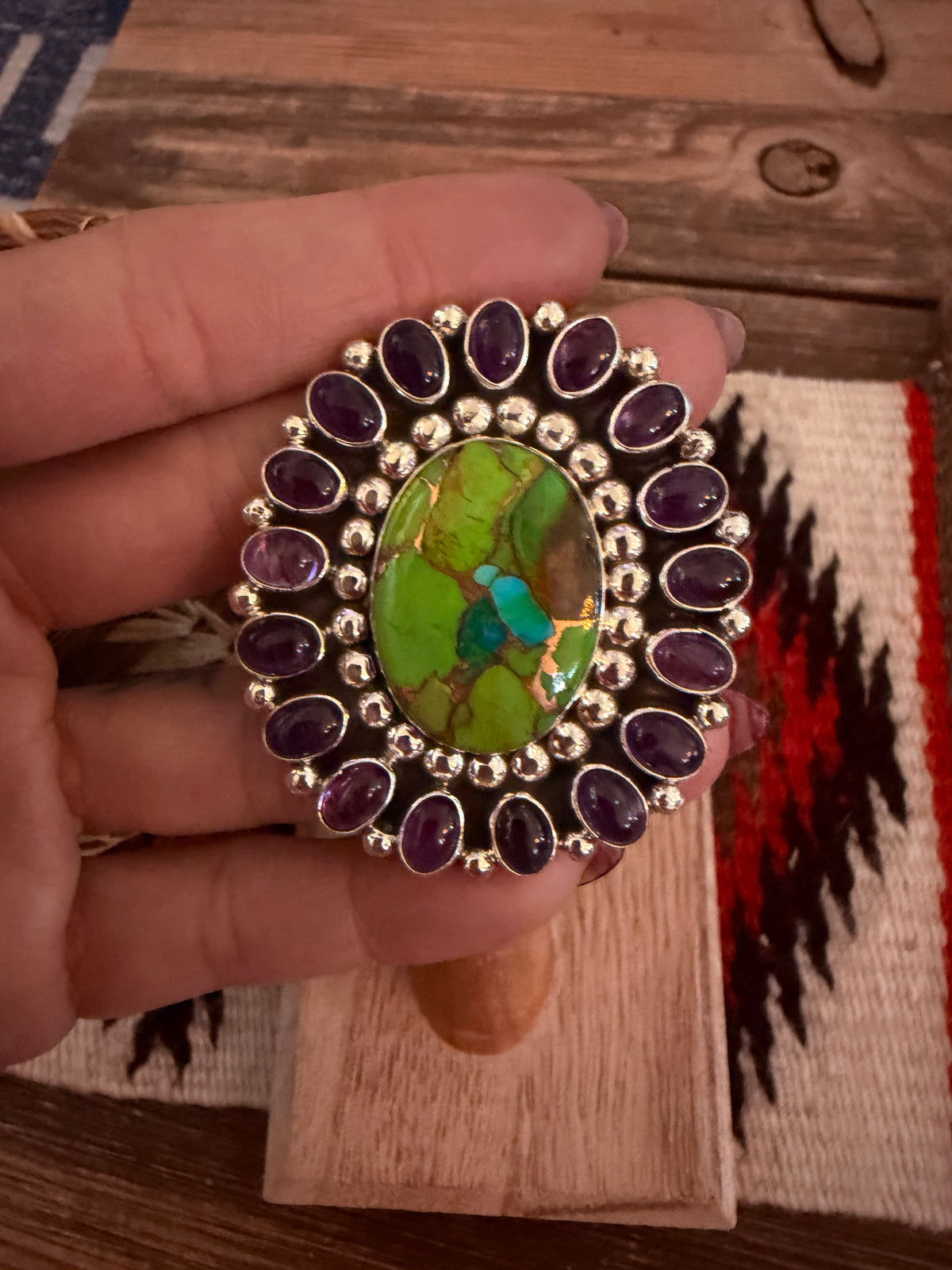 Handcrafted Mojave Turquoise, Amethyst & Sterling Silver Adjustable Cluster Ring