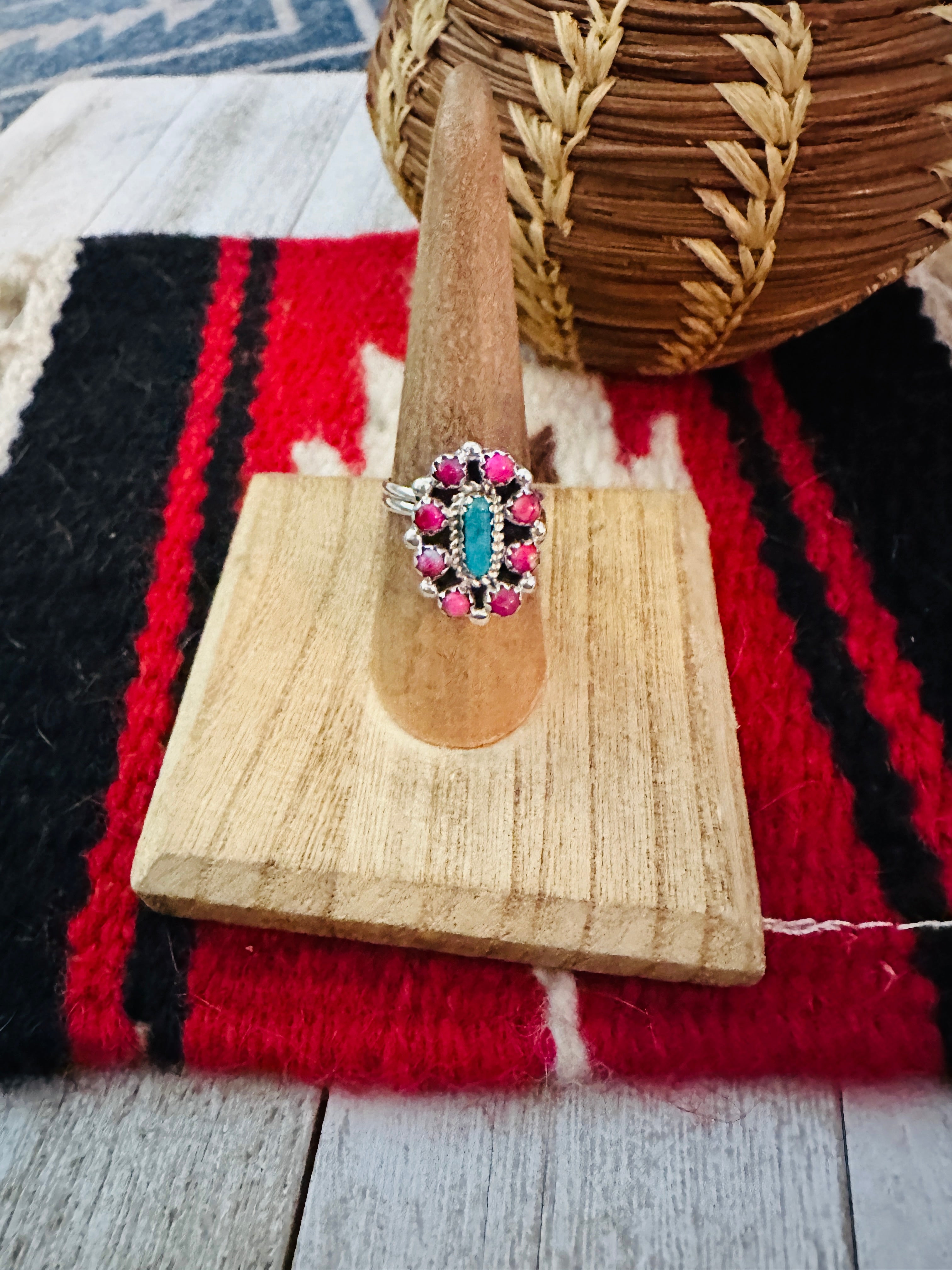 Navajo Sterling Silver, Pink Dream Mojave & Turquoise Cluster Adjustable Ring