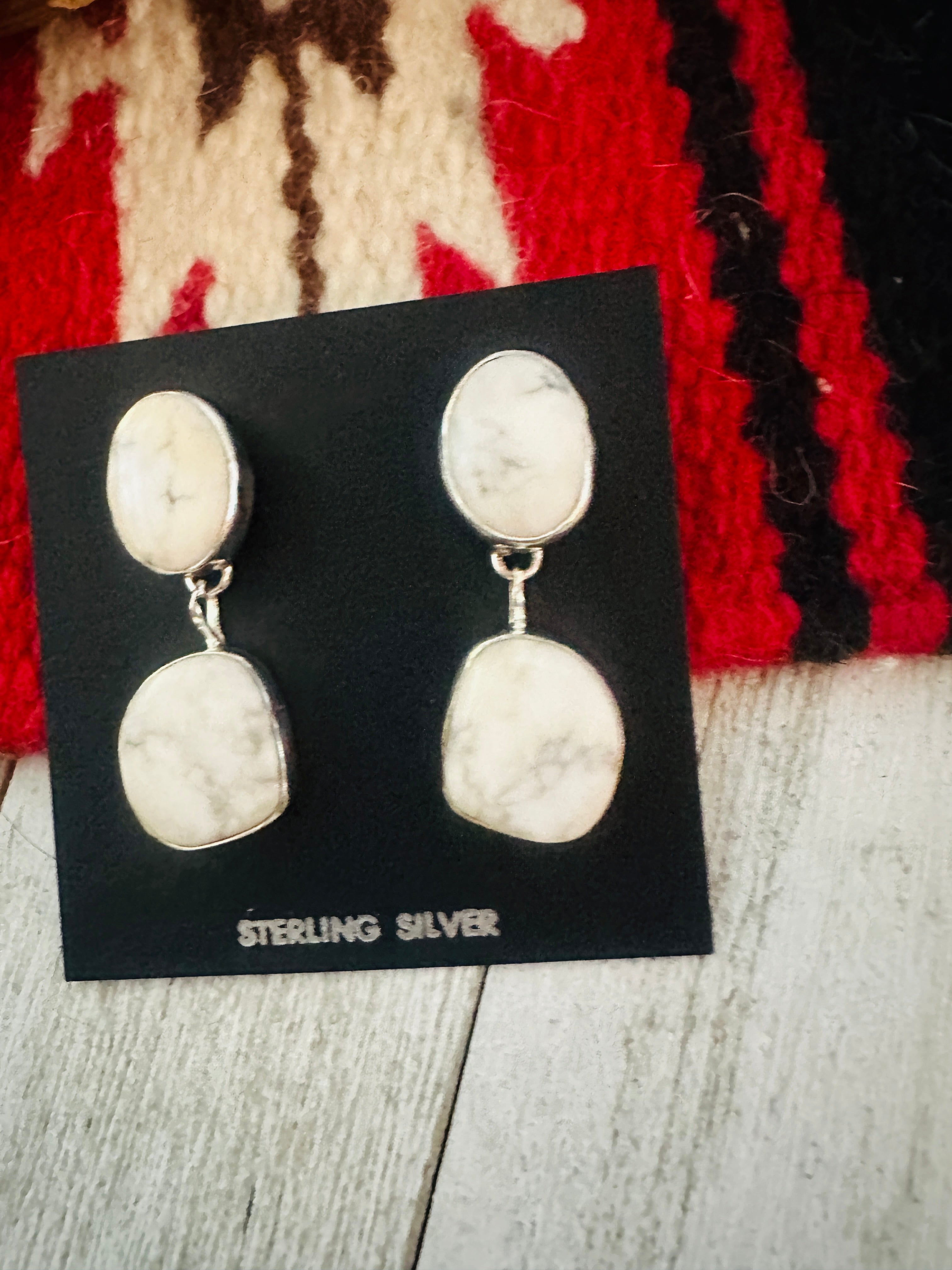 Navajo White Buffalo and Sterling Silver Dangle Earrings