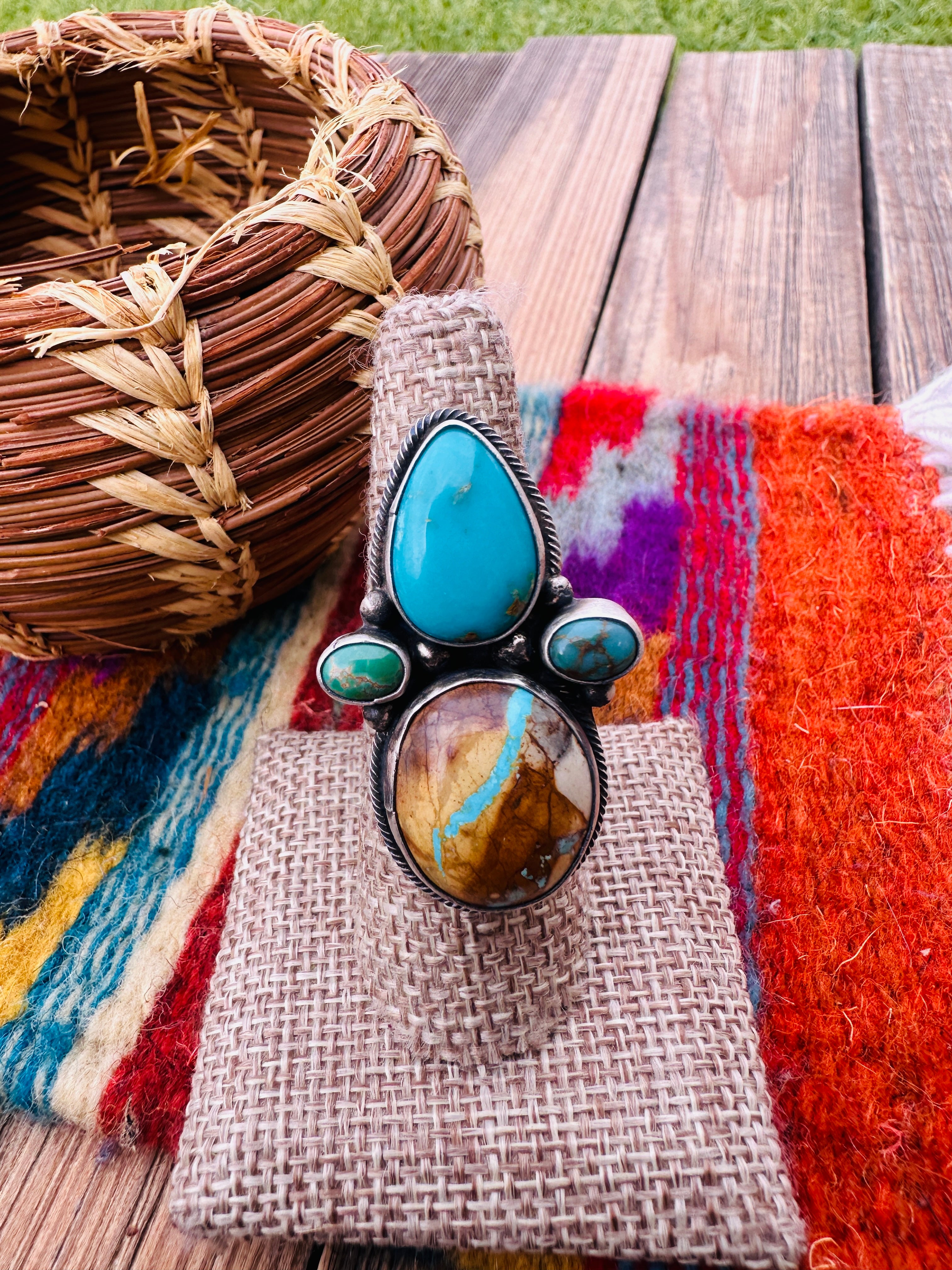 Handcrafted Multi Turquoise & Sterling Silver Adjustable Ring by Travis Jim