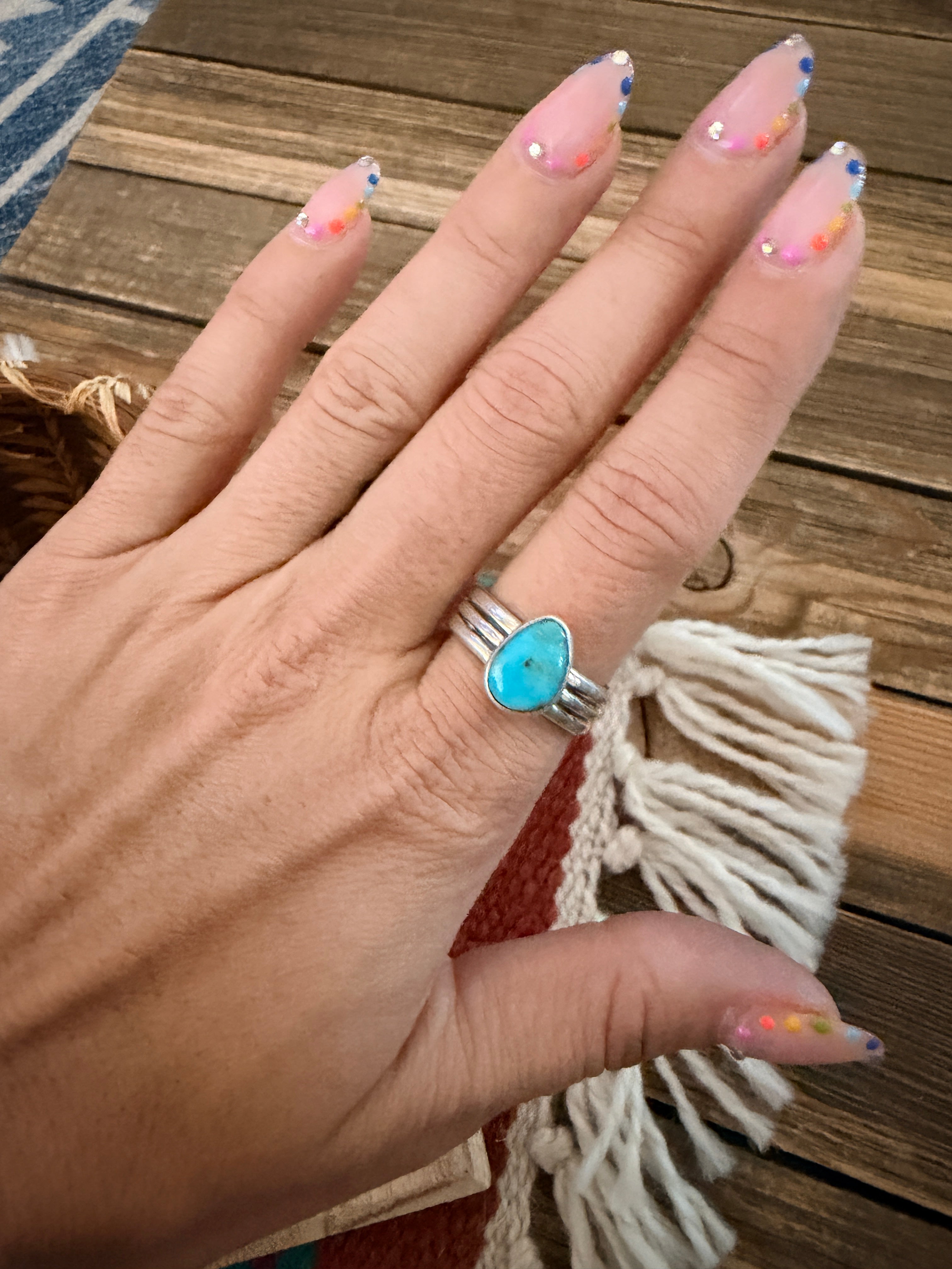 Handcrafted Turquoise & Sterling Silver Band Ring Size 7.5