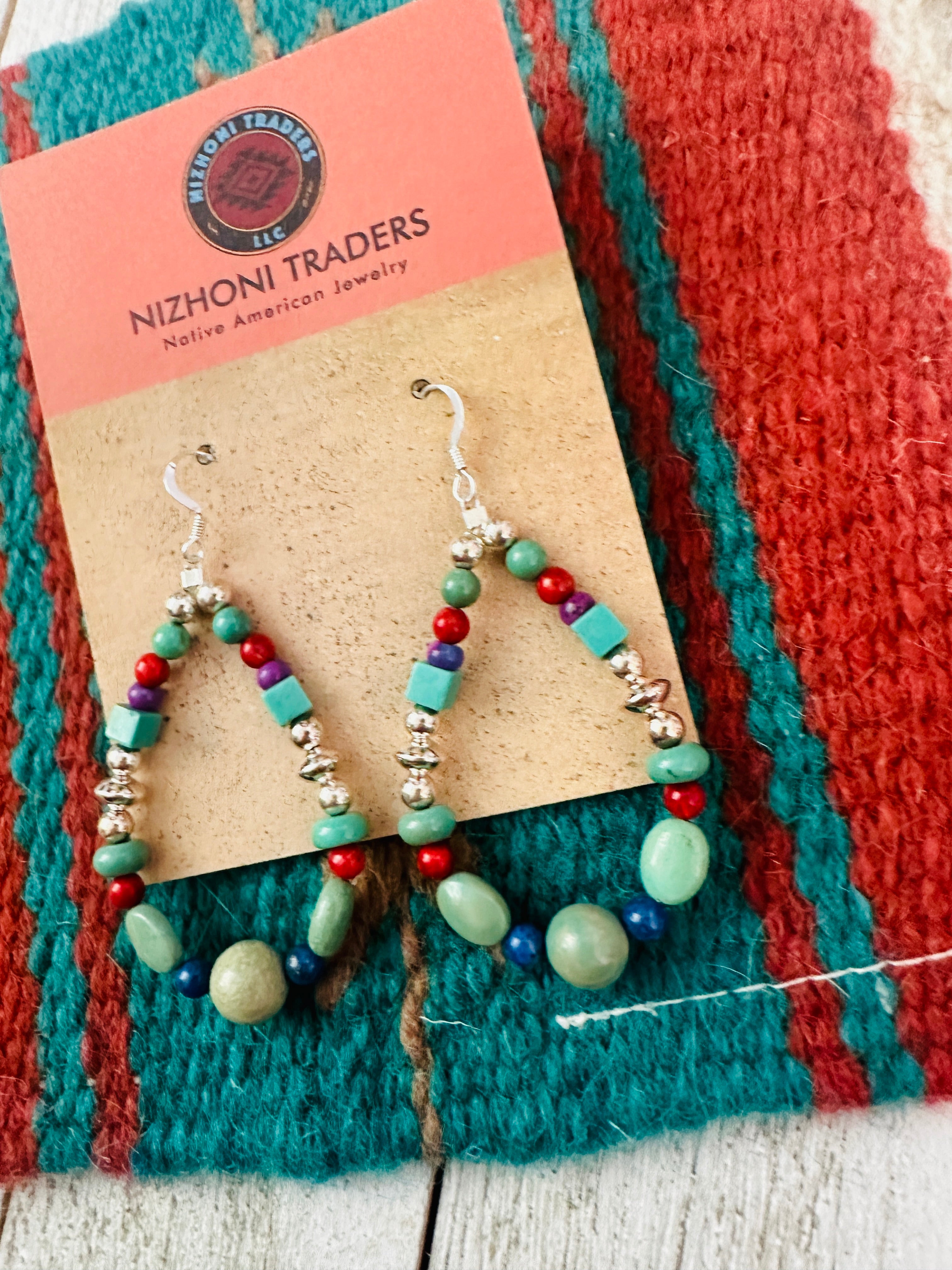 Navajo Multi Stone & Sterling Silver Dangle Hoop Earrings