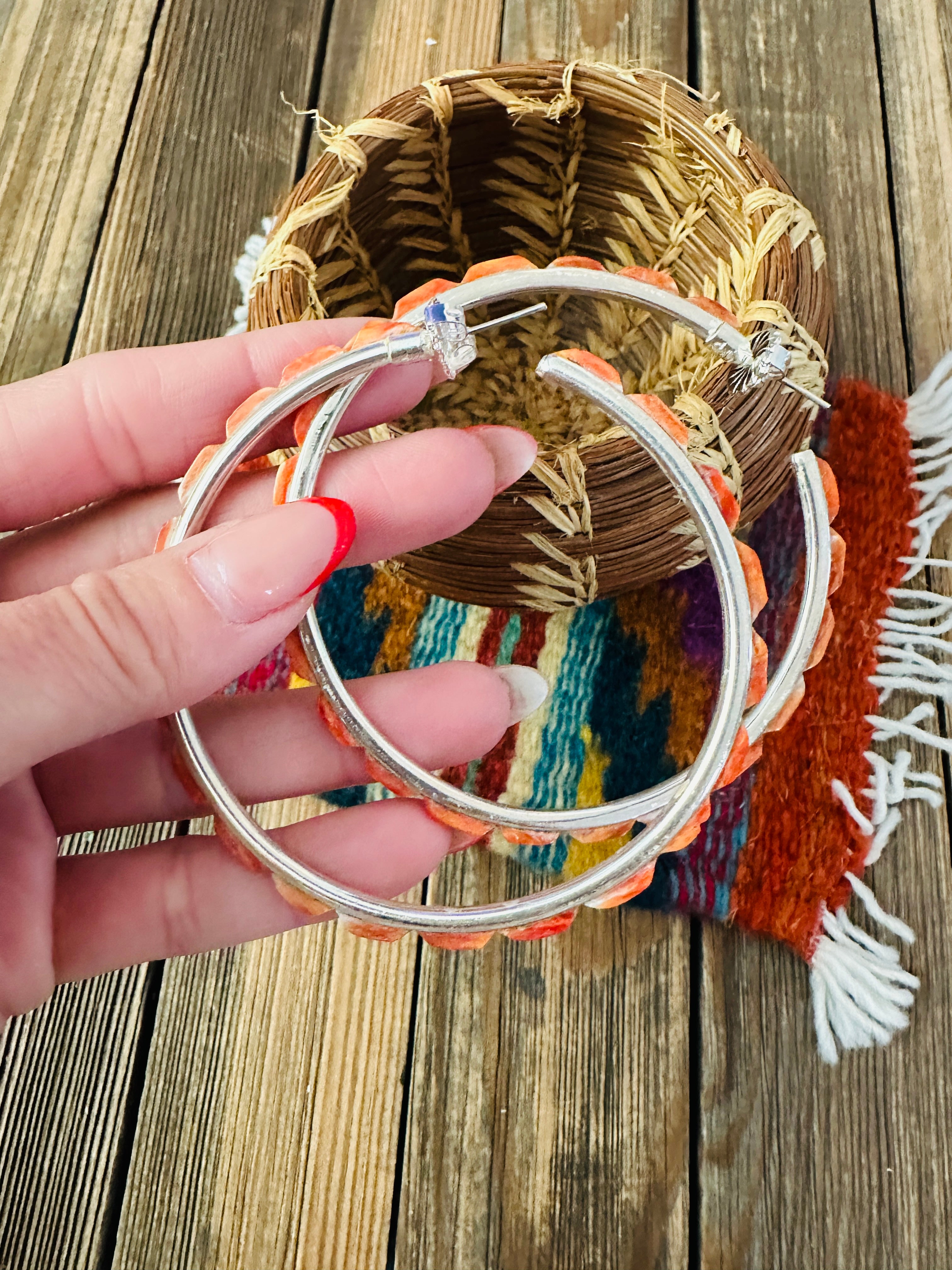 Handcrafted Spiny Oyster & Sterling Silver Hoop Earrings by Federico Jimenez