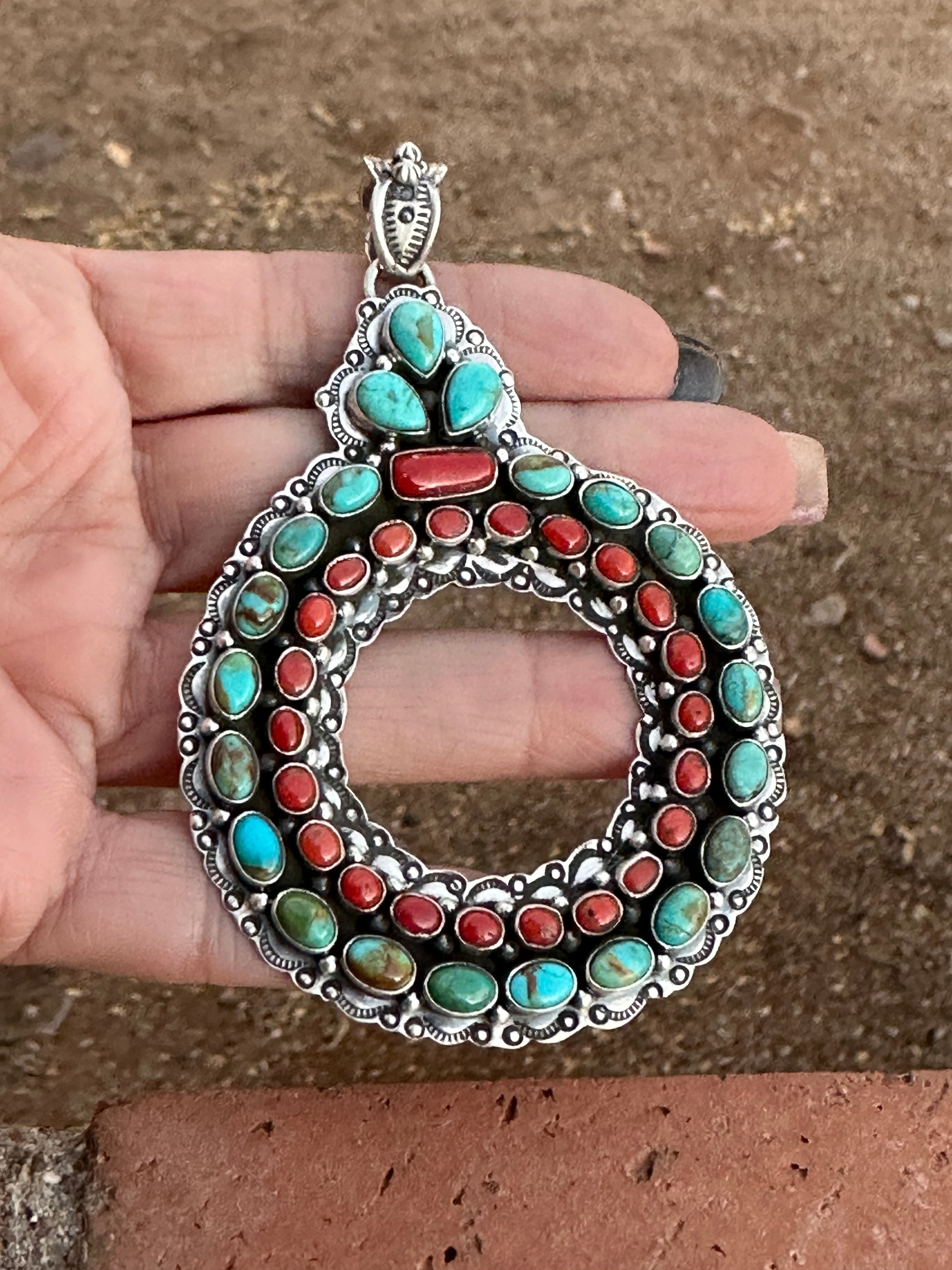 Handmade Sterling Silver, Coral & Kingman Turquoise Christmas Wreath Pendant