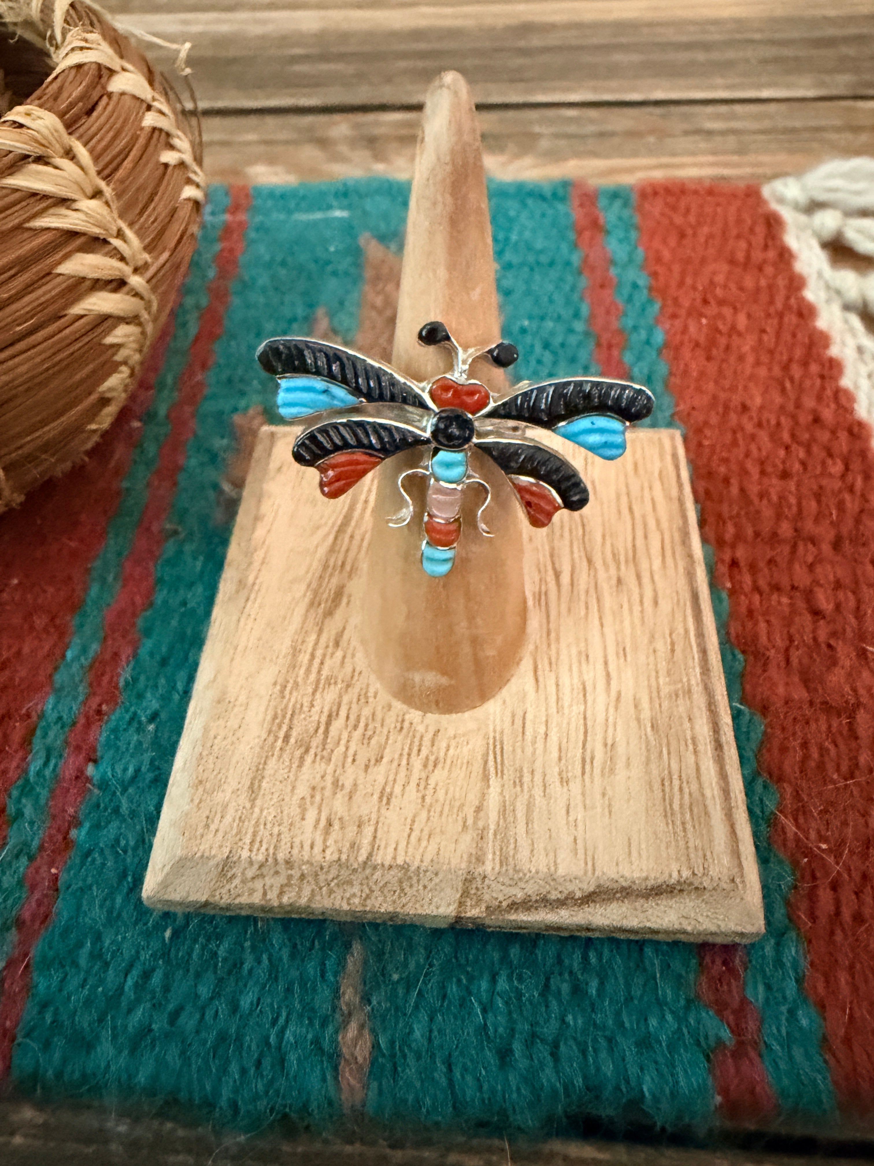 Old Pawn Handcrafted Multi Stone & Sterling Silver Dragonfly Ring Size 5