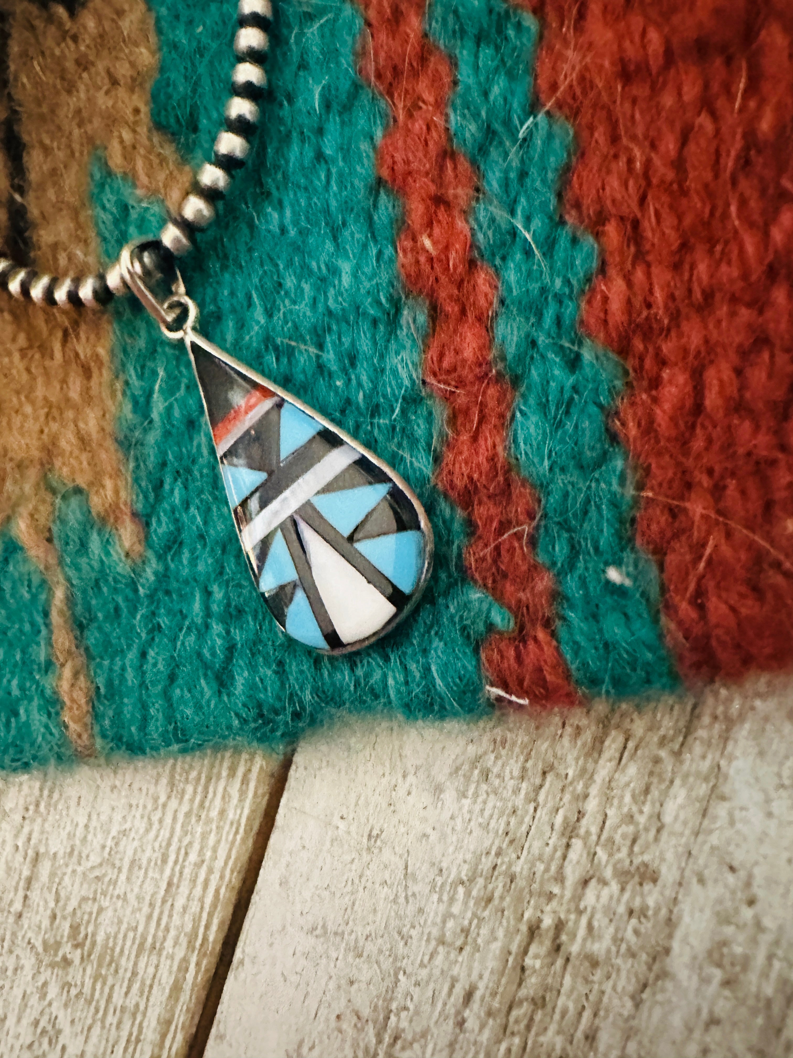 Zuni Multi Stone & Sterling Silver Inlay Teardrop Pendant