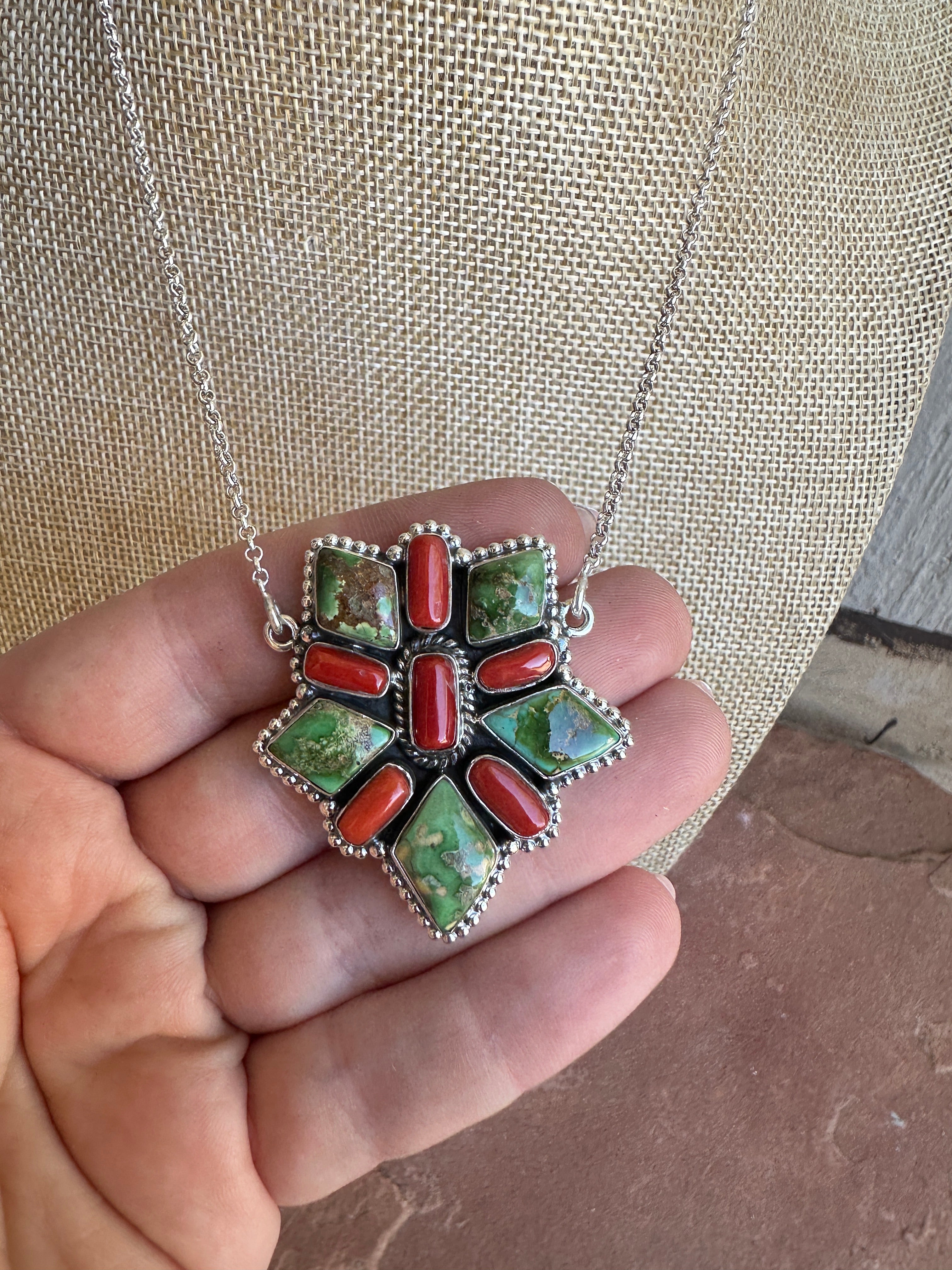 Beautiful Handmade Sterling Silver, Coral & Sonoran Turquoise Necklace style 4