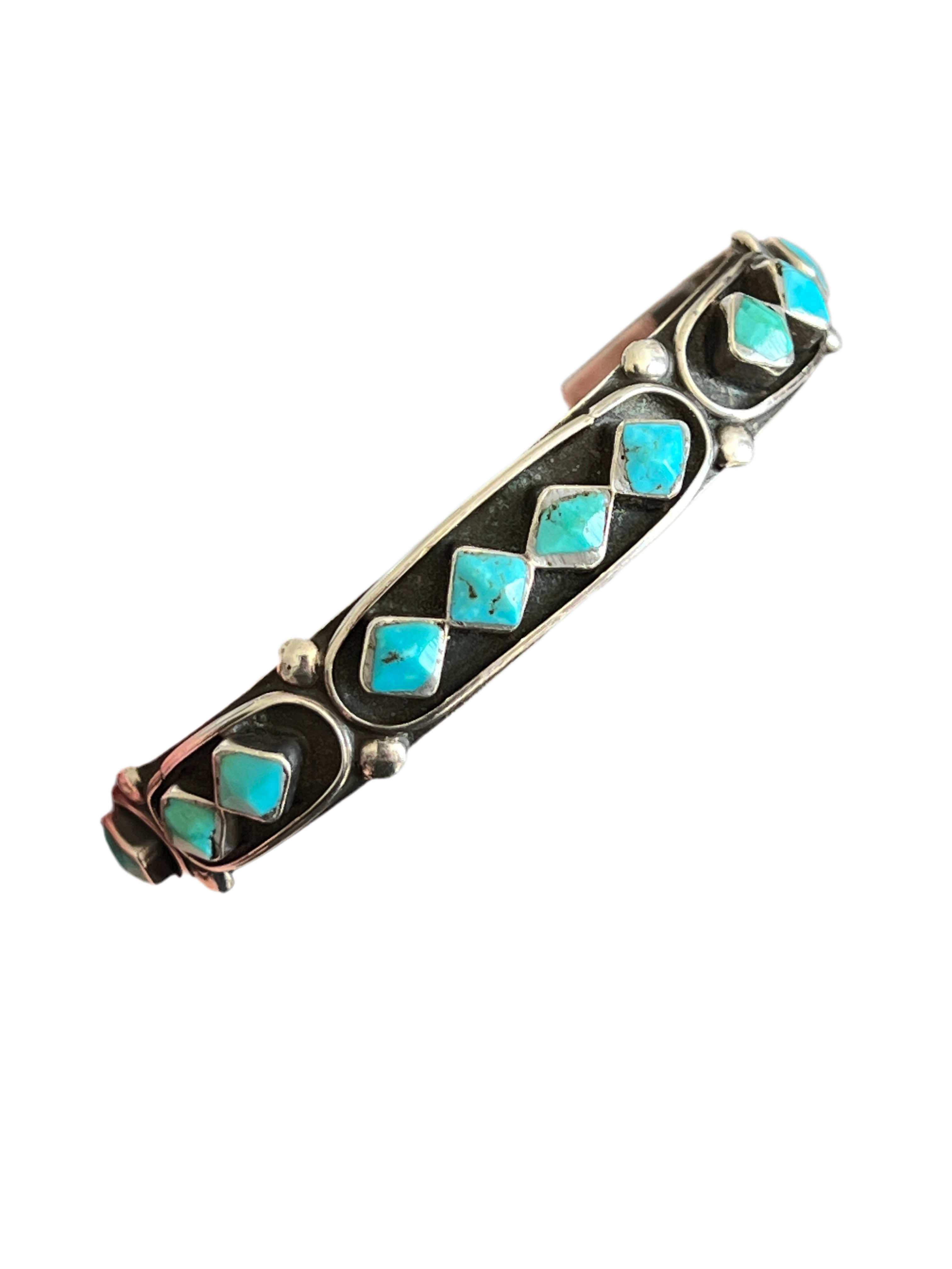 Handcrafted Vintage Sterling Silver and Four Diamond Turquoise Panel Stacker Cuff Bracelet