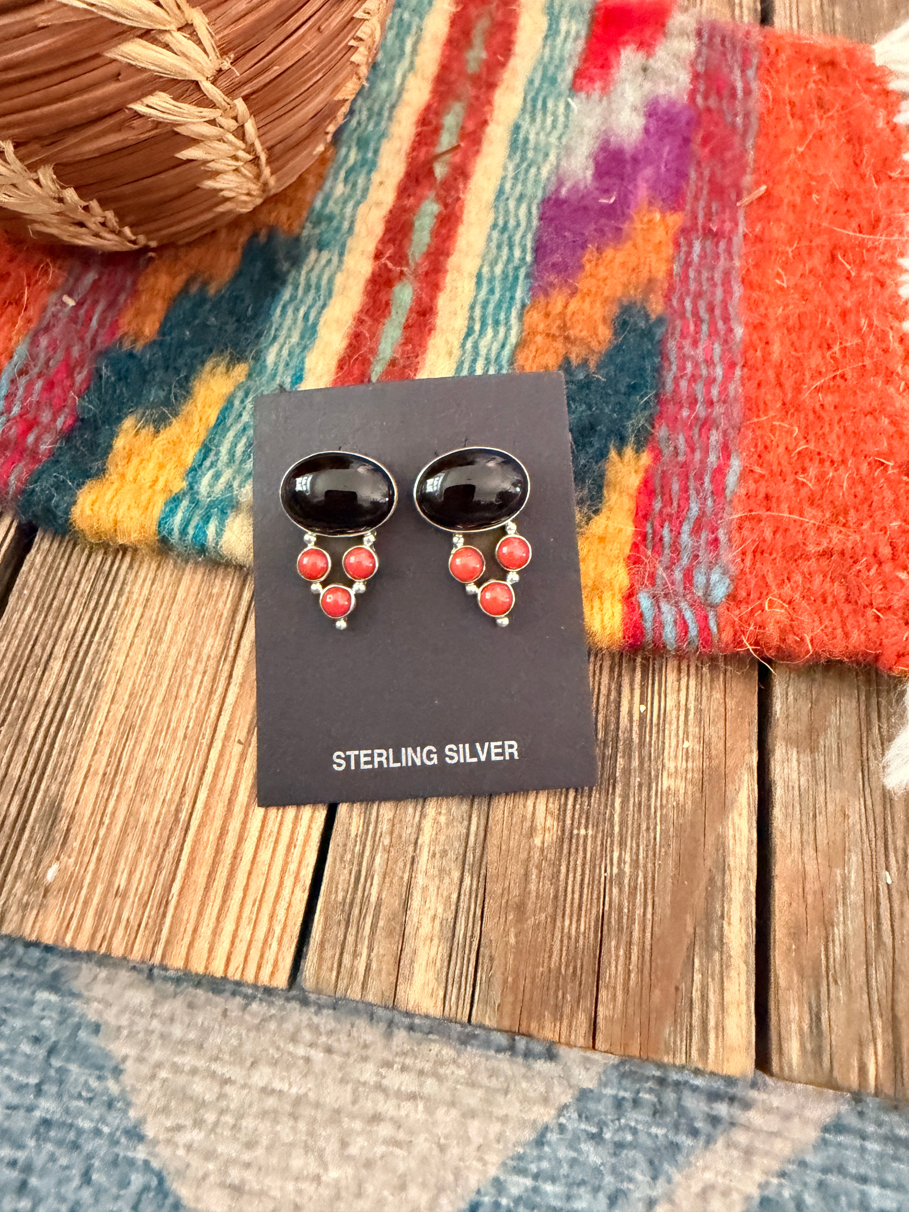 Handcrafted Onyx, Coral & Sterling Silver Post Earrings