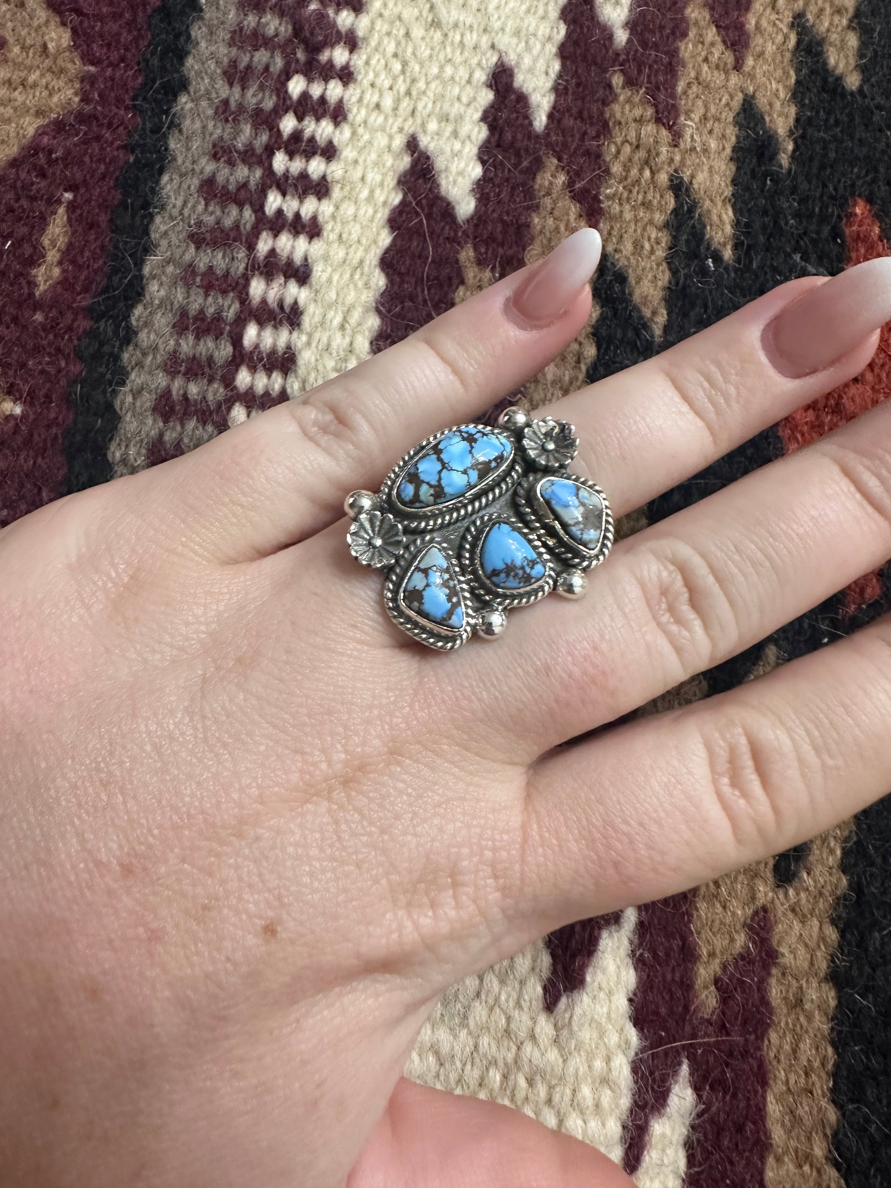 Beautiful Handmade Golden Hills Turquoise And Sterling Silver Adjustable 4 Stone Flower Ring