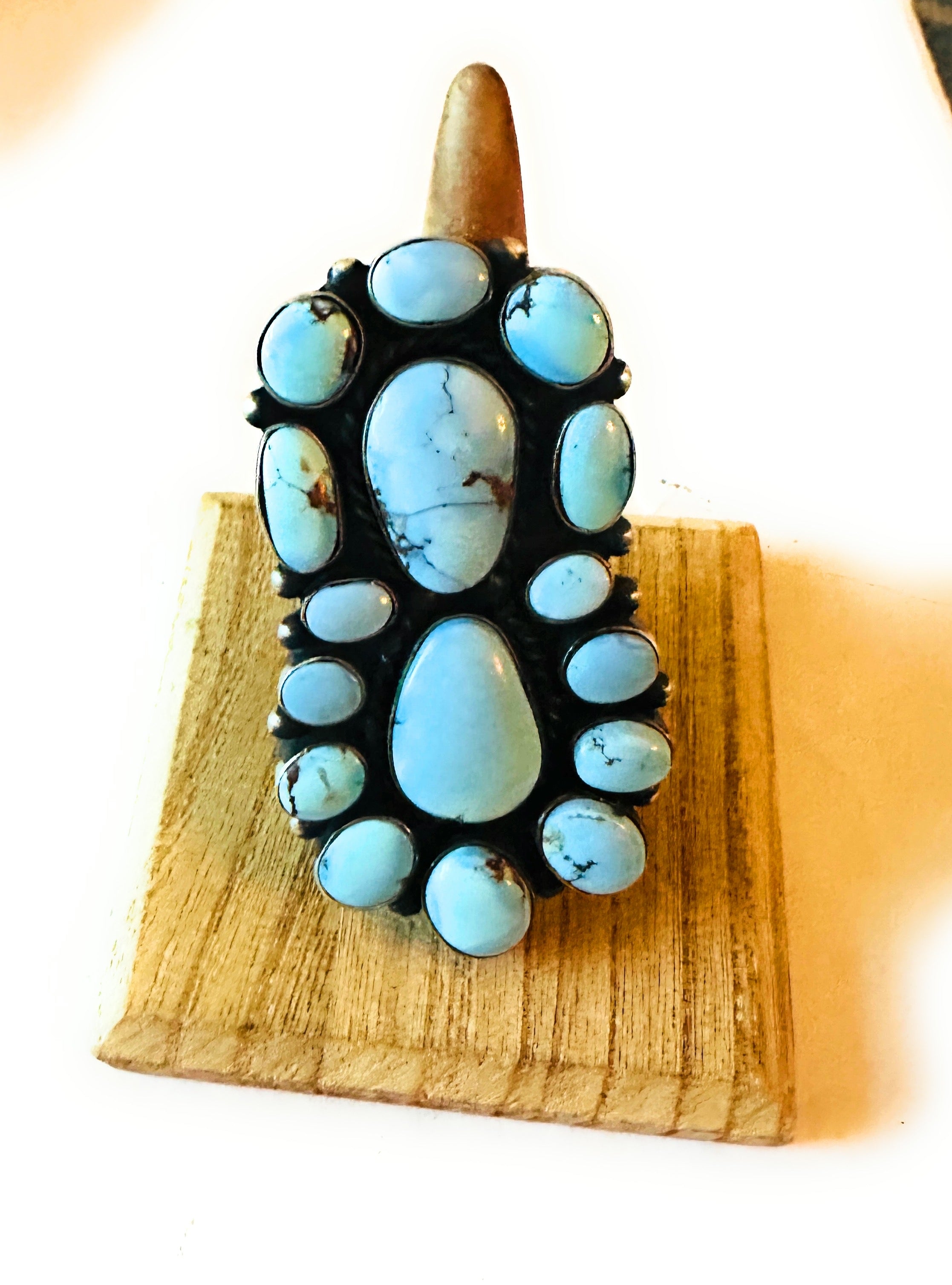 Navajo Golden Hills Turquoise & Sterling Silver Cluster Ring Size 8.25