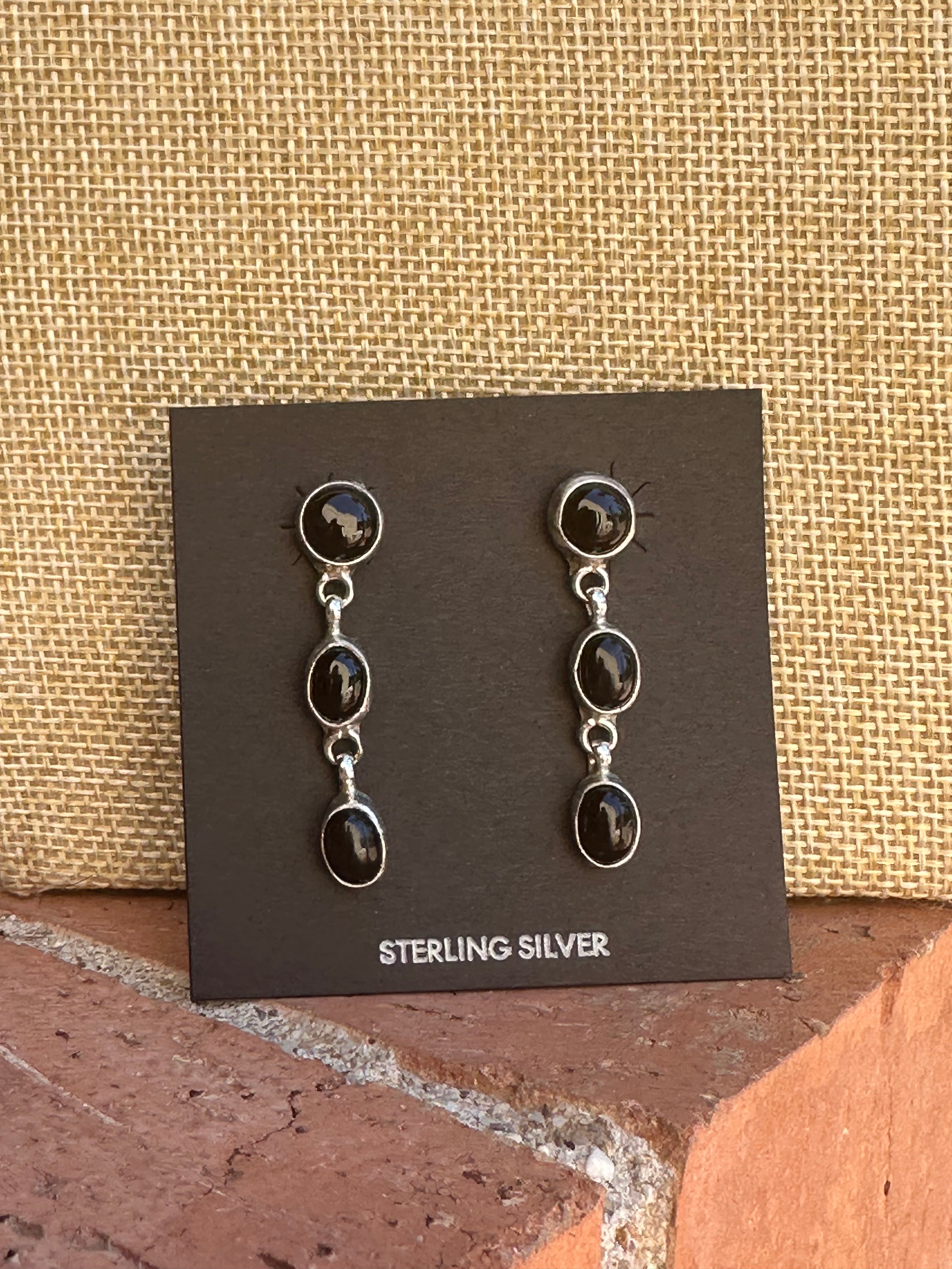 Navajo Made Black Onyx & Sterling Silver 3 Stone Dangle Earrings