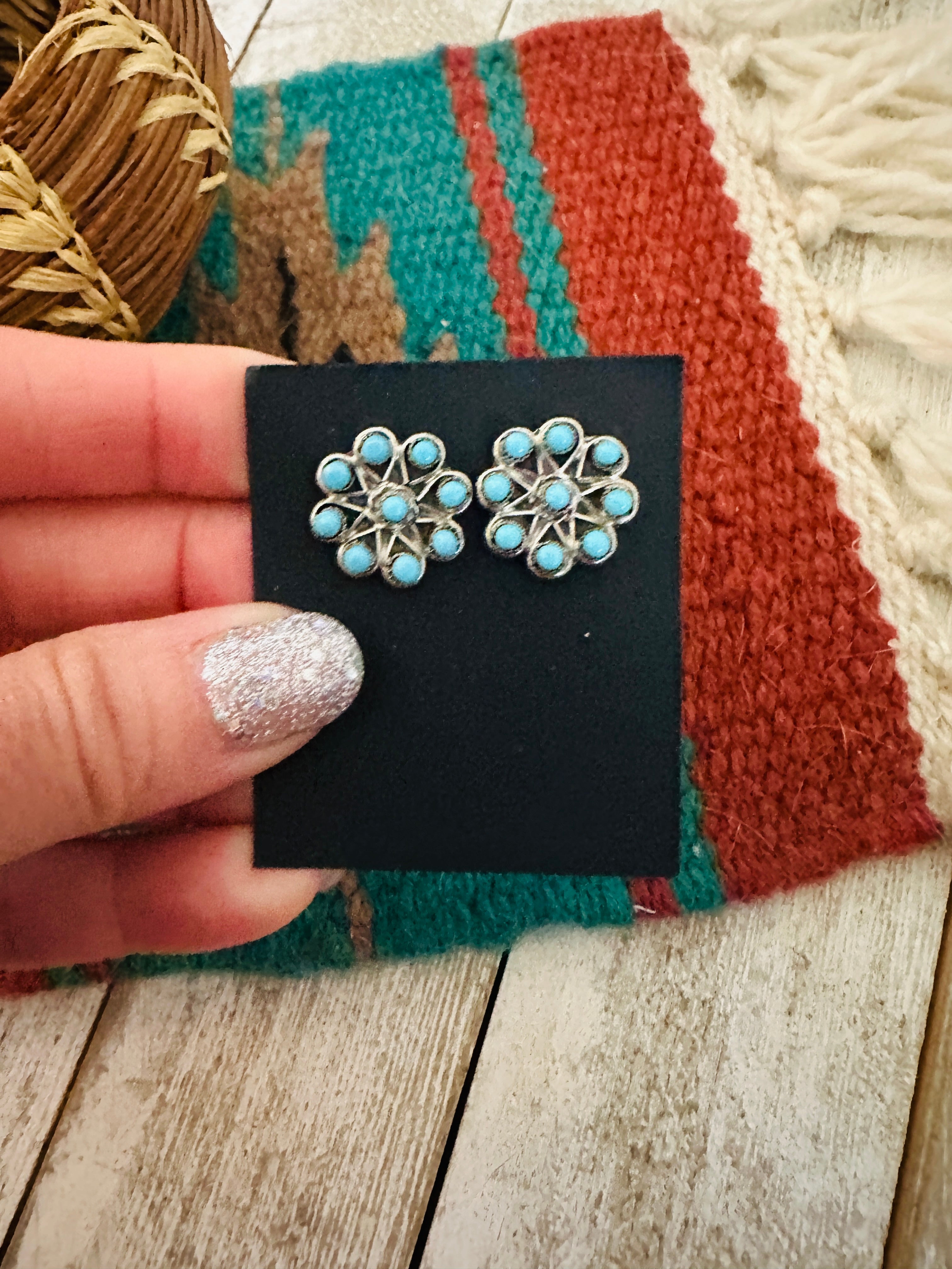 Zuni Turquoise & Sterling Silver Petit Point Stud Earrings