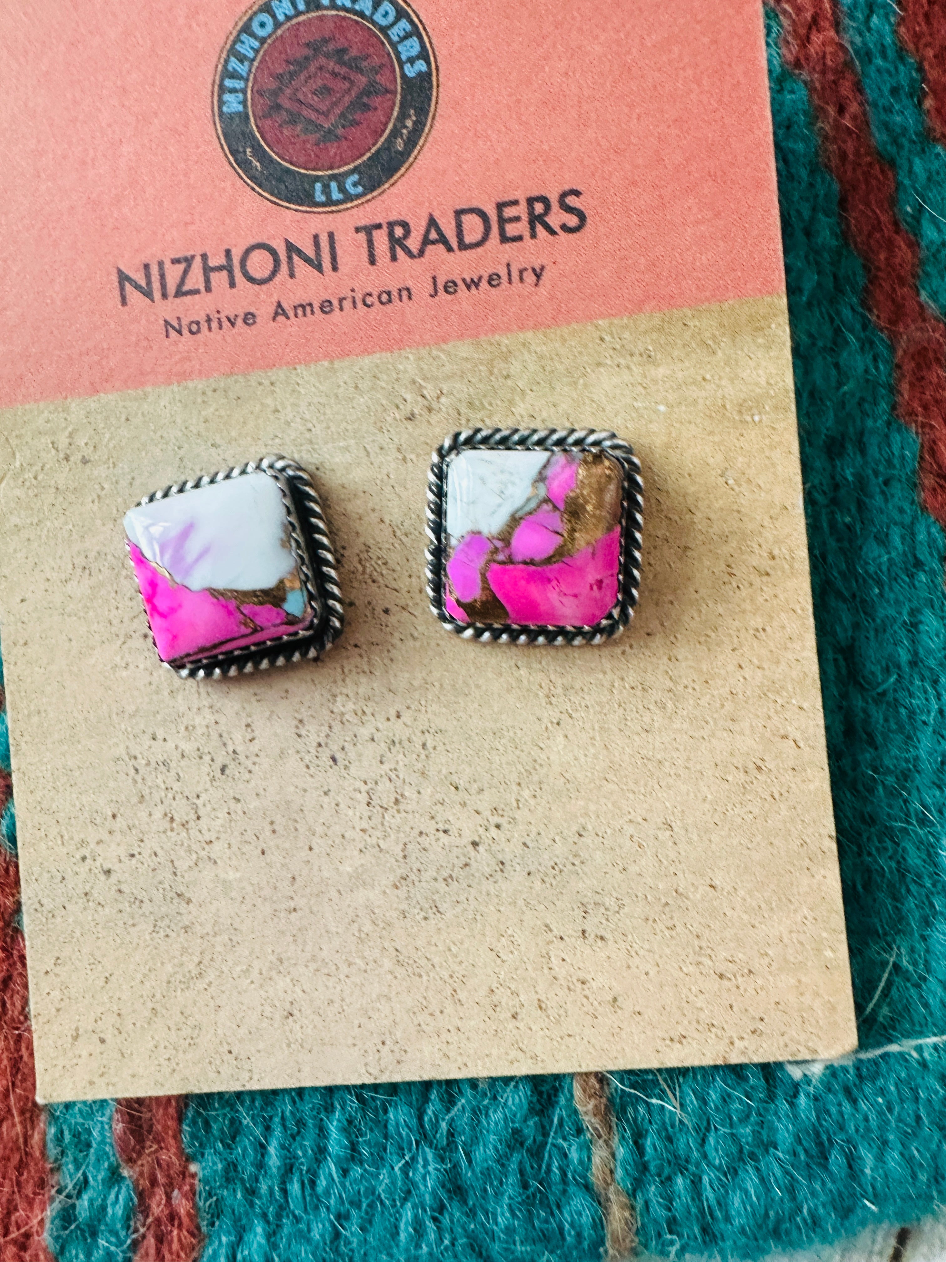 Handcrafted Cotton Candy and Sterling Silver Stud Earrings- Pink