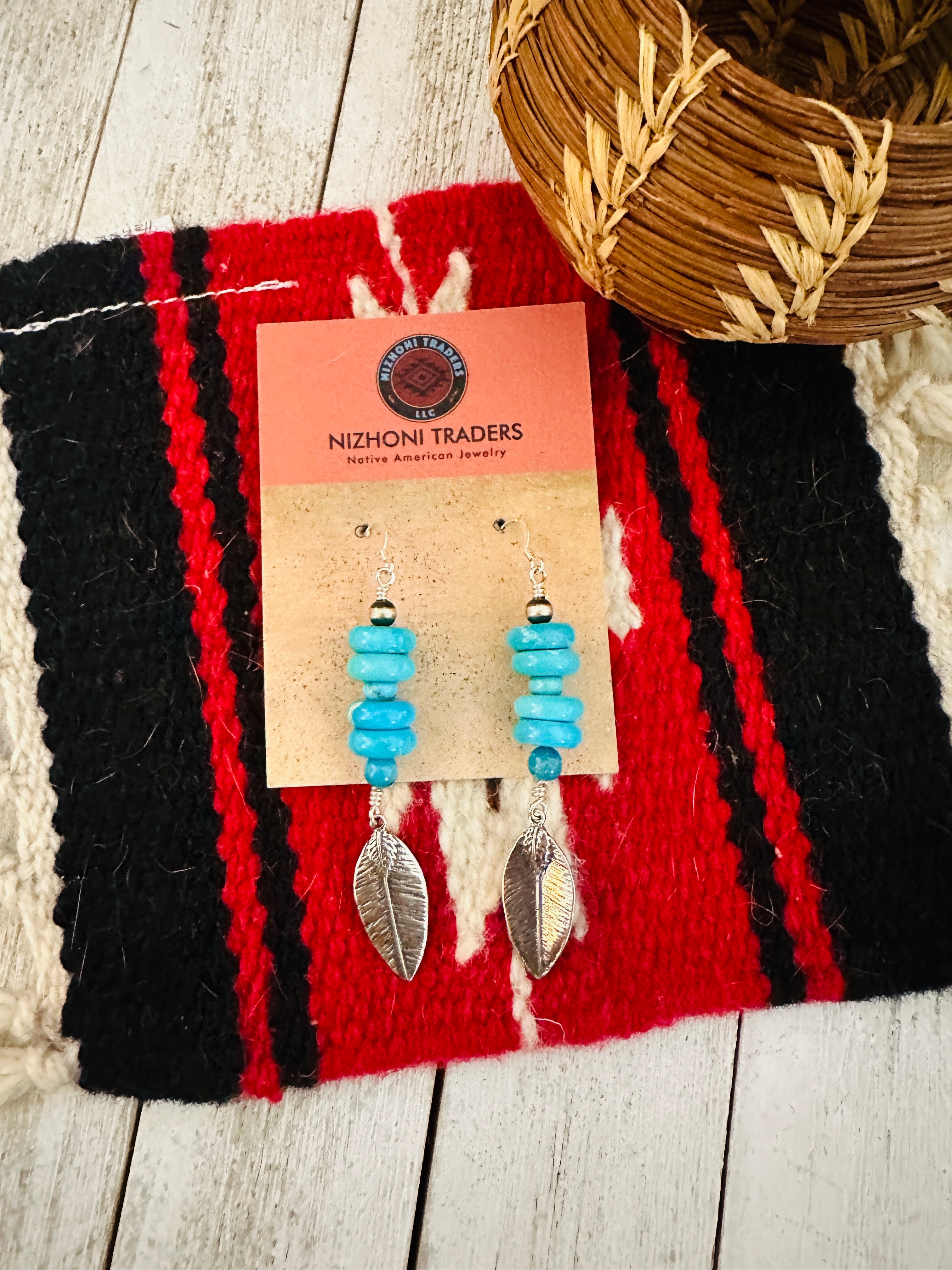 Navajo Turquoise & Sterling Silver Beaded Feather Earrings