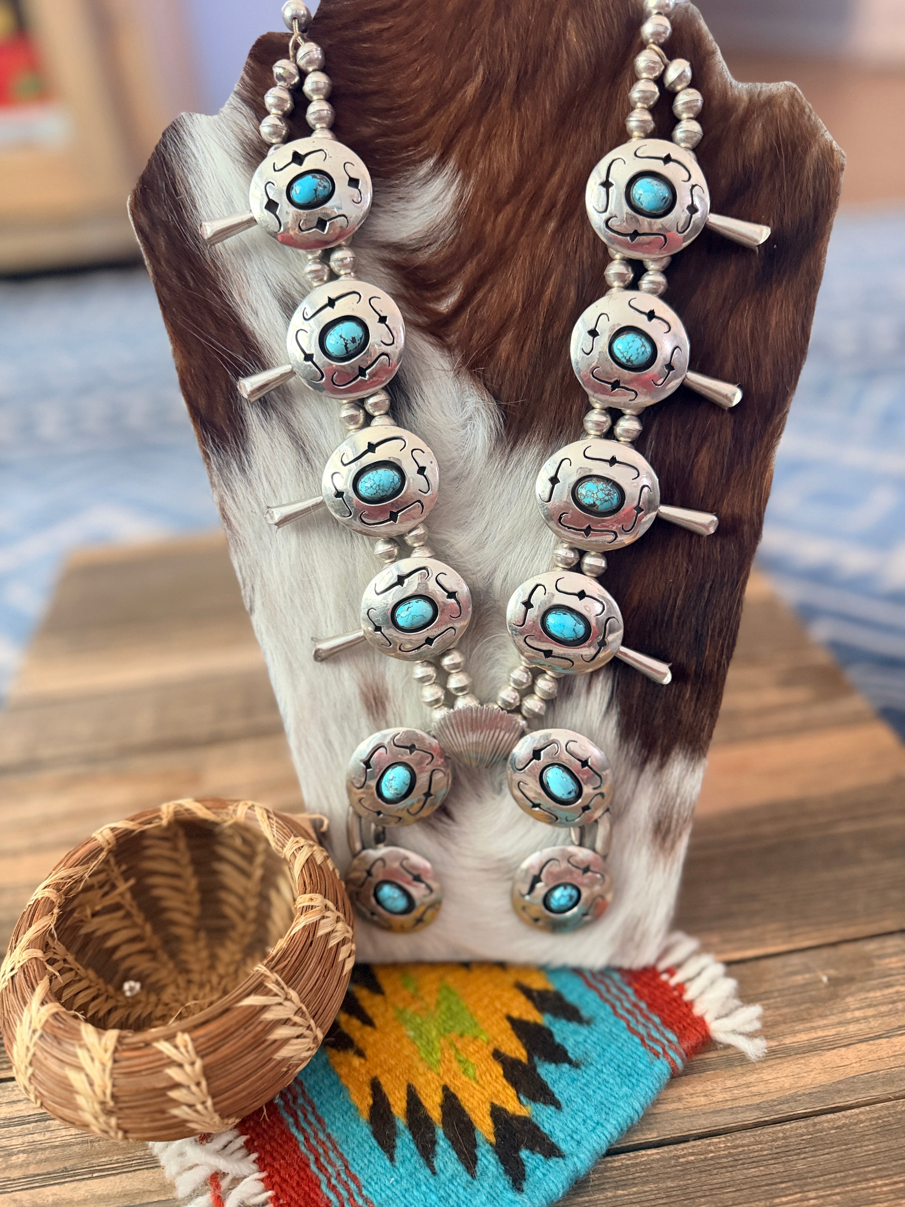 Old Pawn Handcrafted Turquoise & Sterling Silver Squash Blossom Necklace
