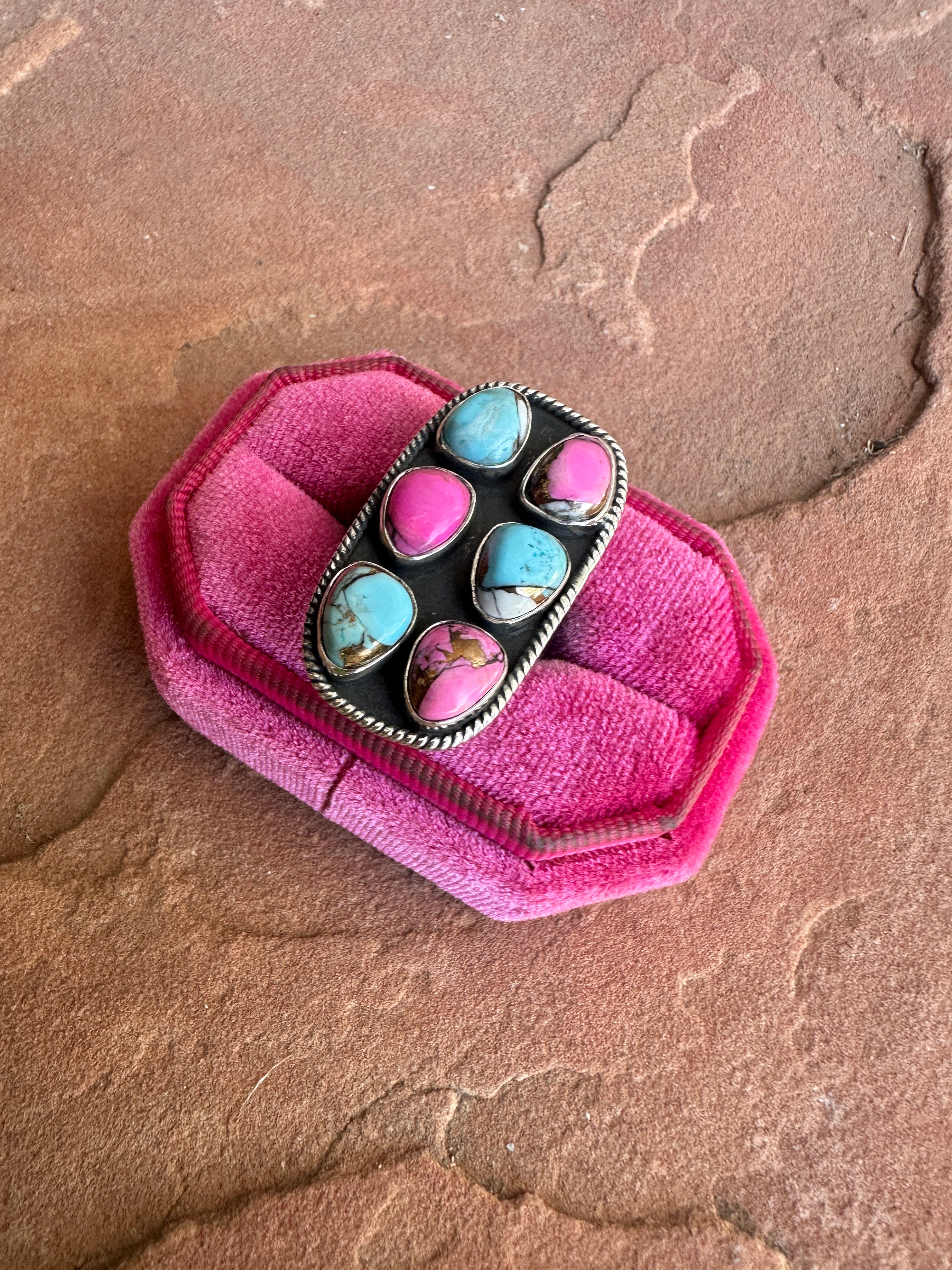 Handmade Cotton Candy Sterling Adjustable Cluster 6 Stone Ring