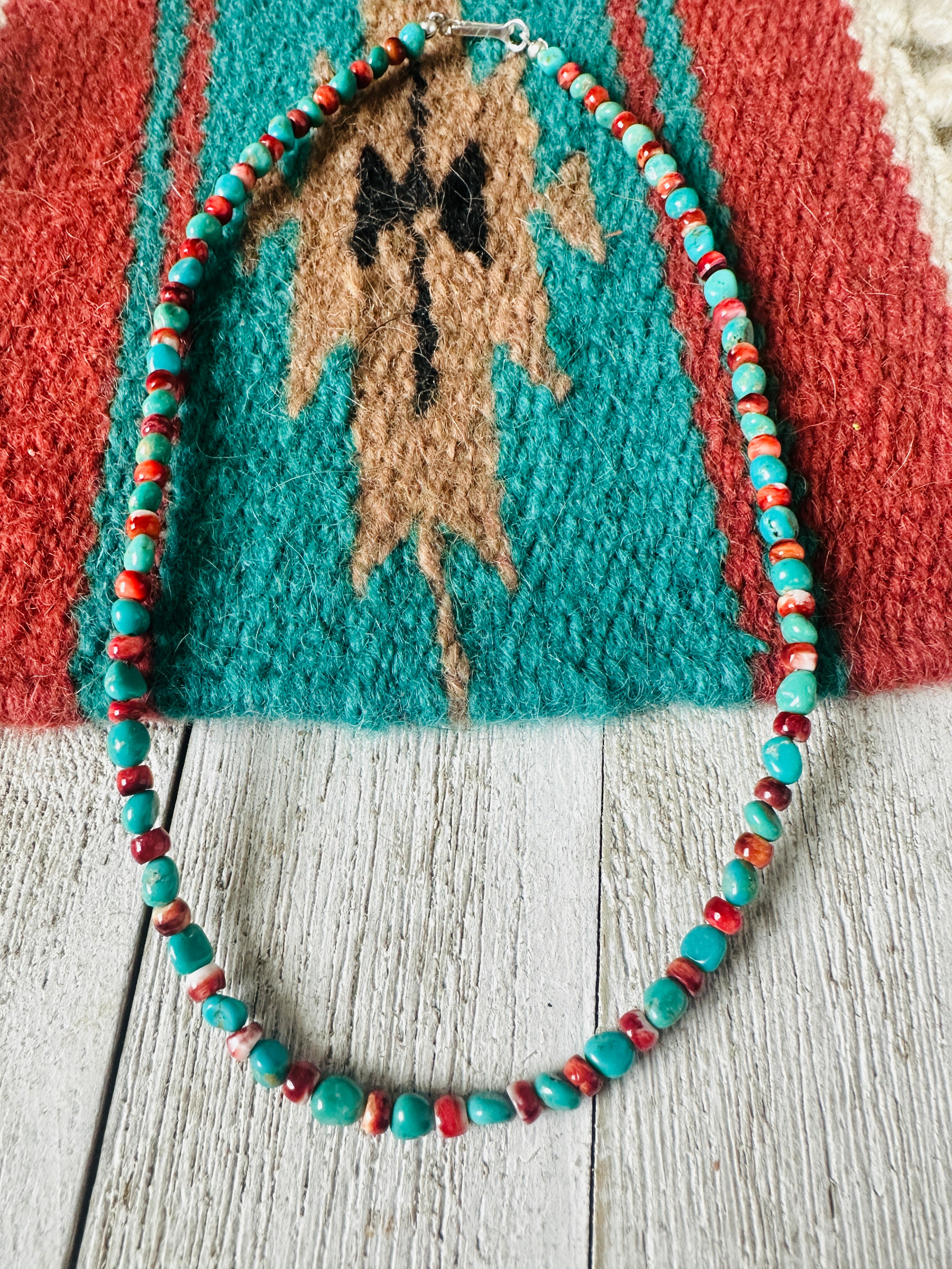 Navajo Turquoise, Spiny & Sterling Silver Beaded Necklace