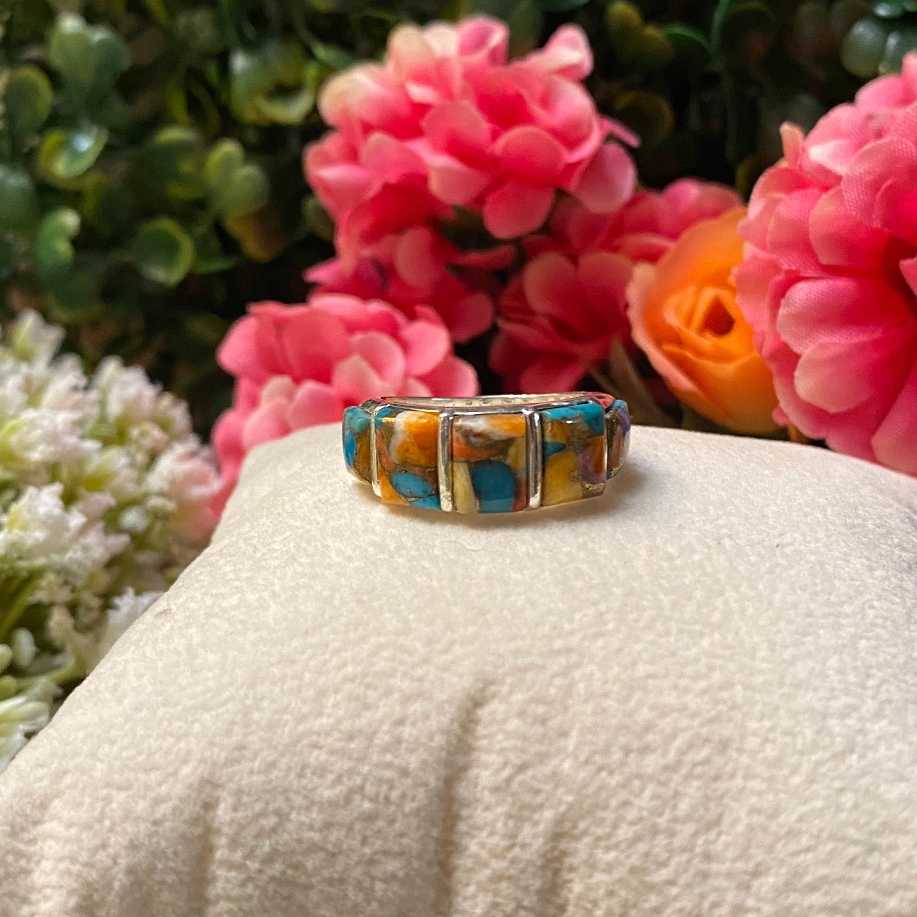 Sterling Silver Five Stone Orange Spiny Turquoise Ring Size 8.25