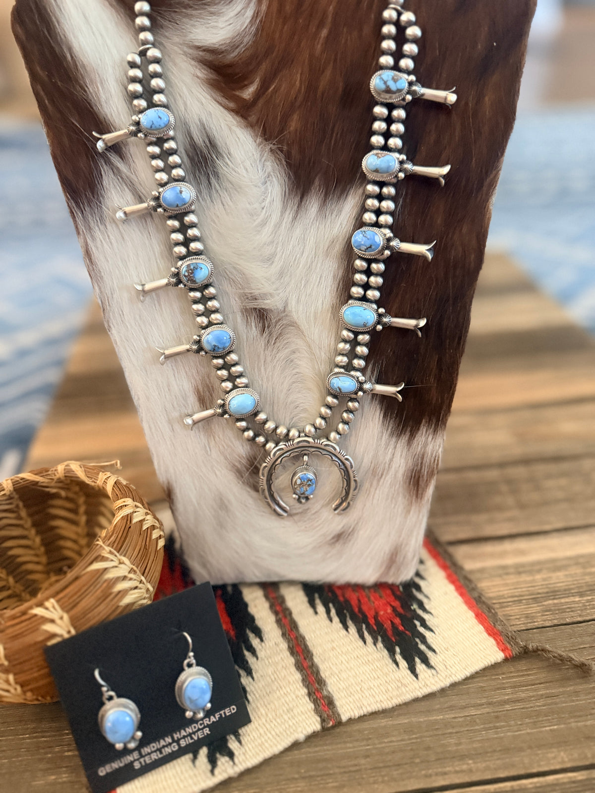 Handcrafted Golden Hills Turquoise & Sterling Silver Beaded Squash Blossom Necklace Set by Melvin Francis